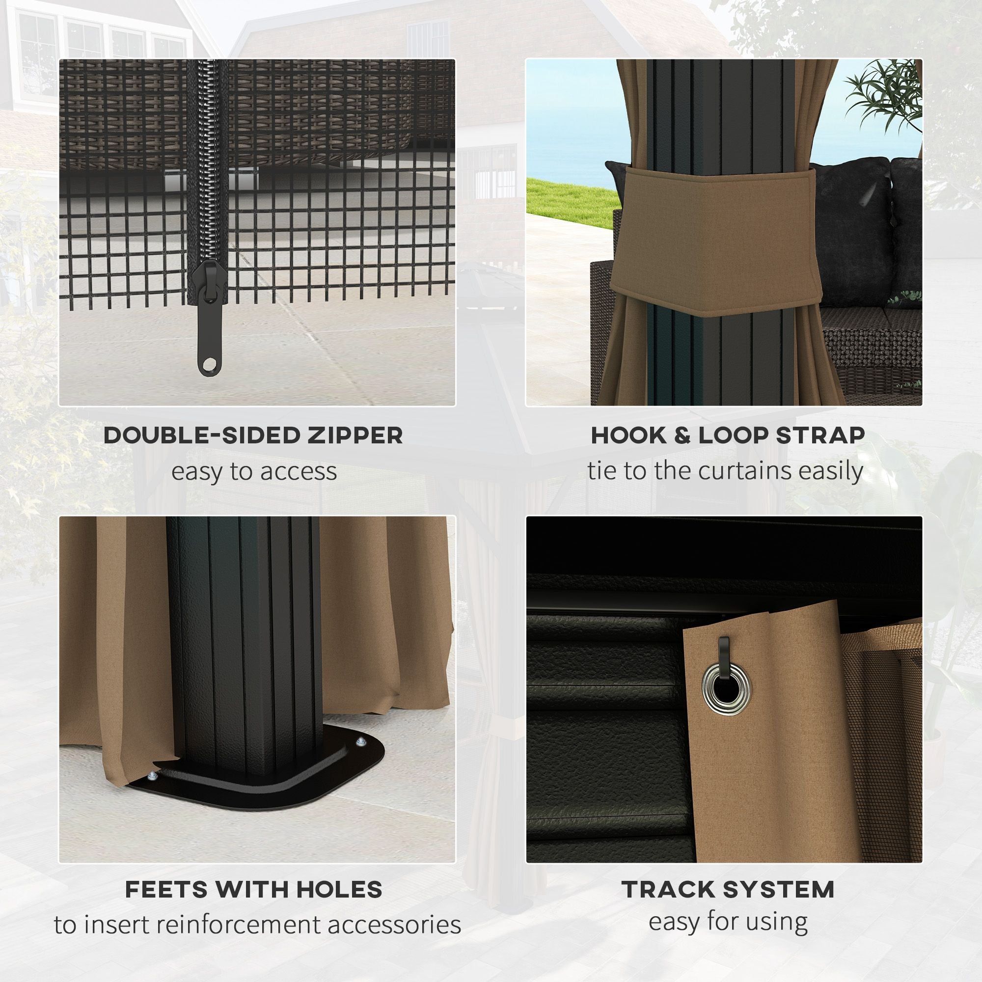 10' x 10' Hardtop Gazebo with Aluminum Frame, Metal Roof Gazebo Canopy w/ Hook, Curtains included, Dark Brown