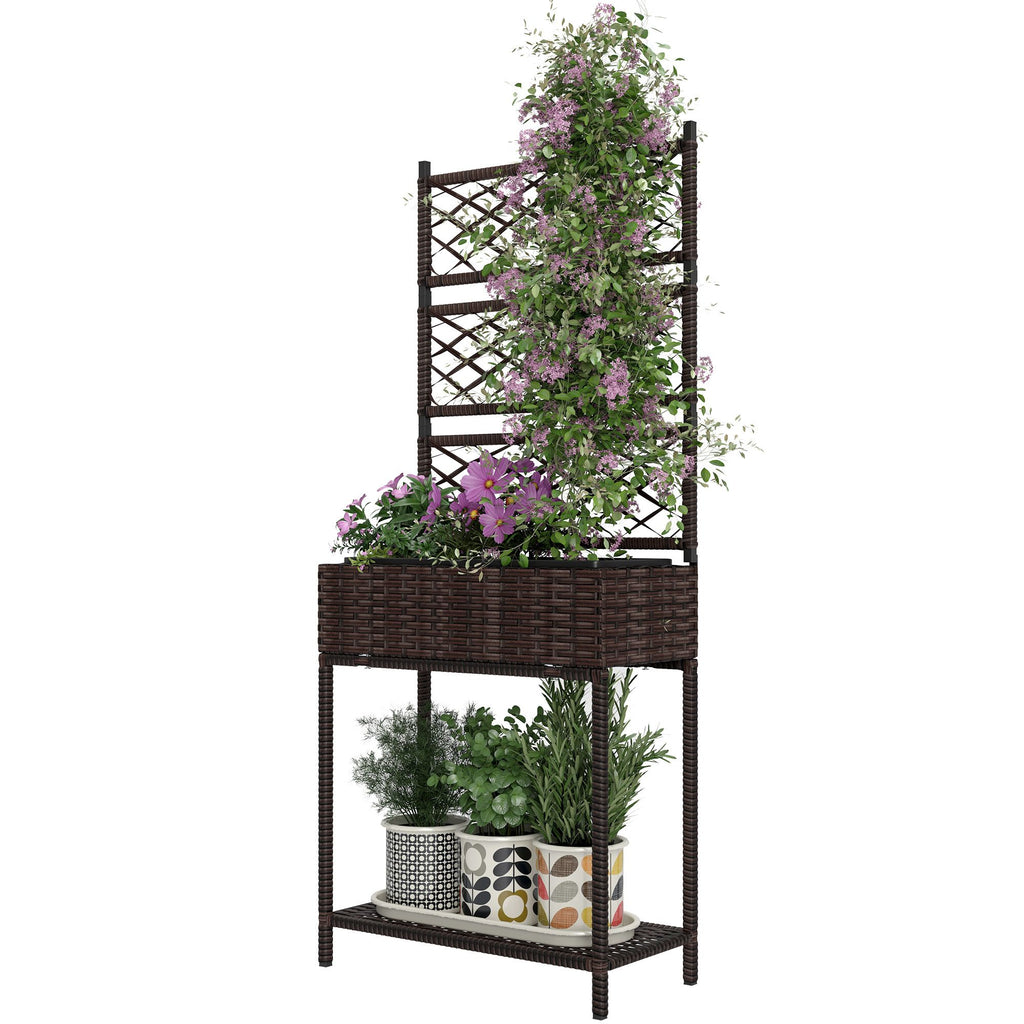 Outdoor Wicker Planter with Trellis for Climbing Plants, Freestanding Rattan Garden Box with Storage Shelf, Brown