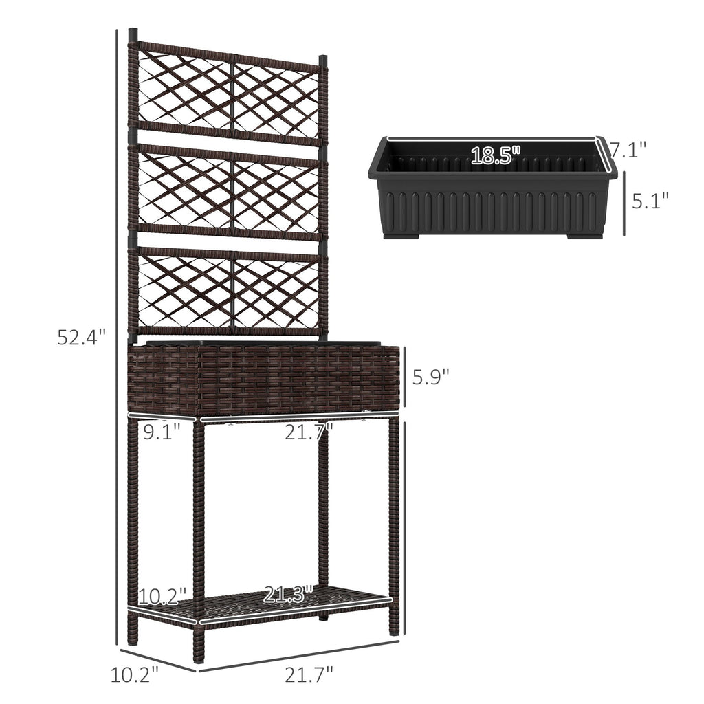Outdoor Wicker Planter with Trellis for Climbing Plants, Freestanding Rattan Garden Box with Storage Shelf, Brown