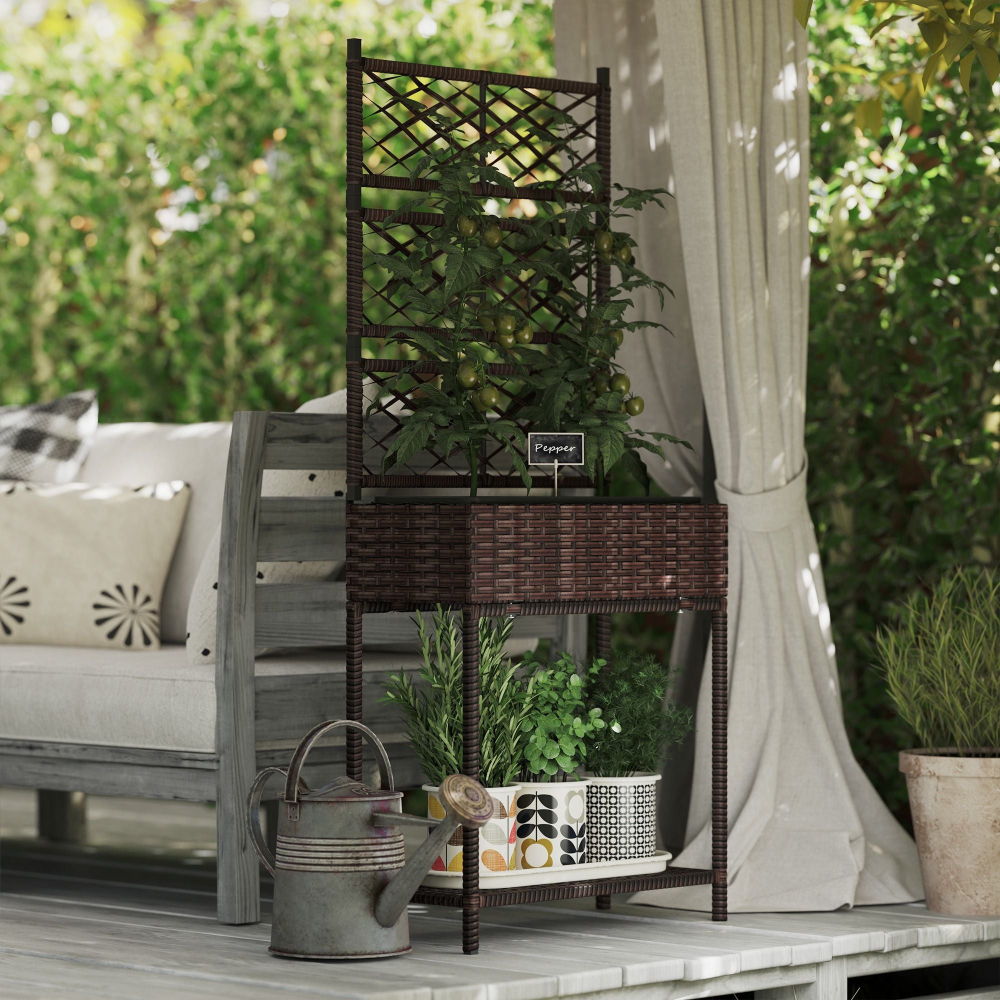 Outdoor Wicker Planter with Trellis for Climbing Plants, Freestanding Rattan Garden Box with Storage Shelf, Brown