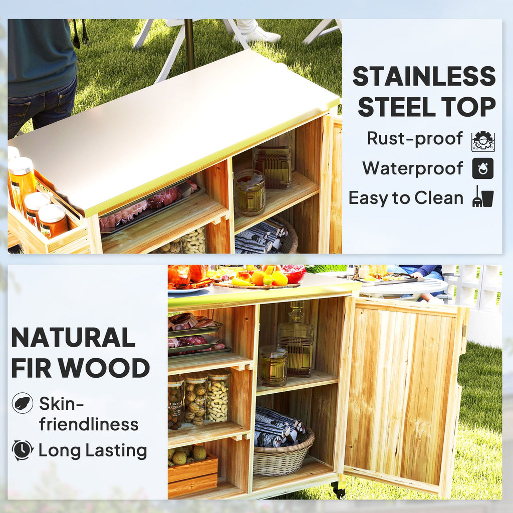 Outdoor Grill Cart with Stainless Steel Top, Solid Wood Outdoor Kitchen Island with Wheels, Natural Wood
