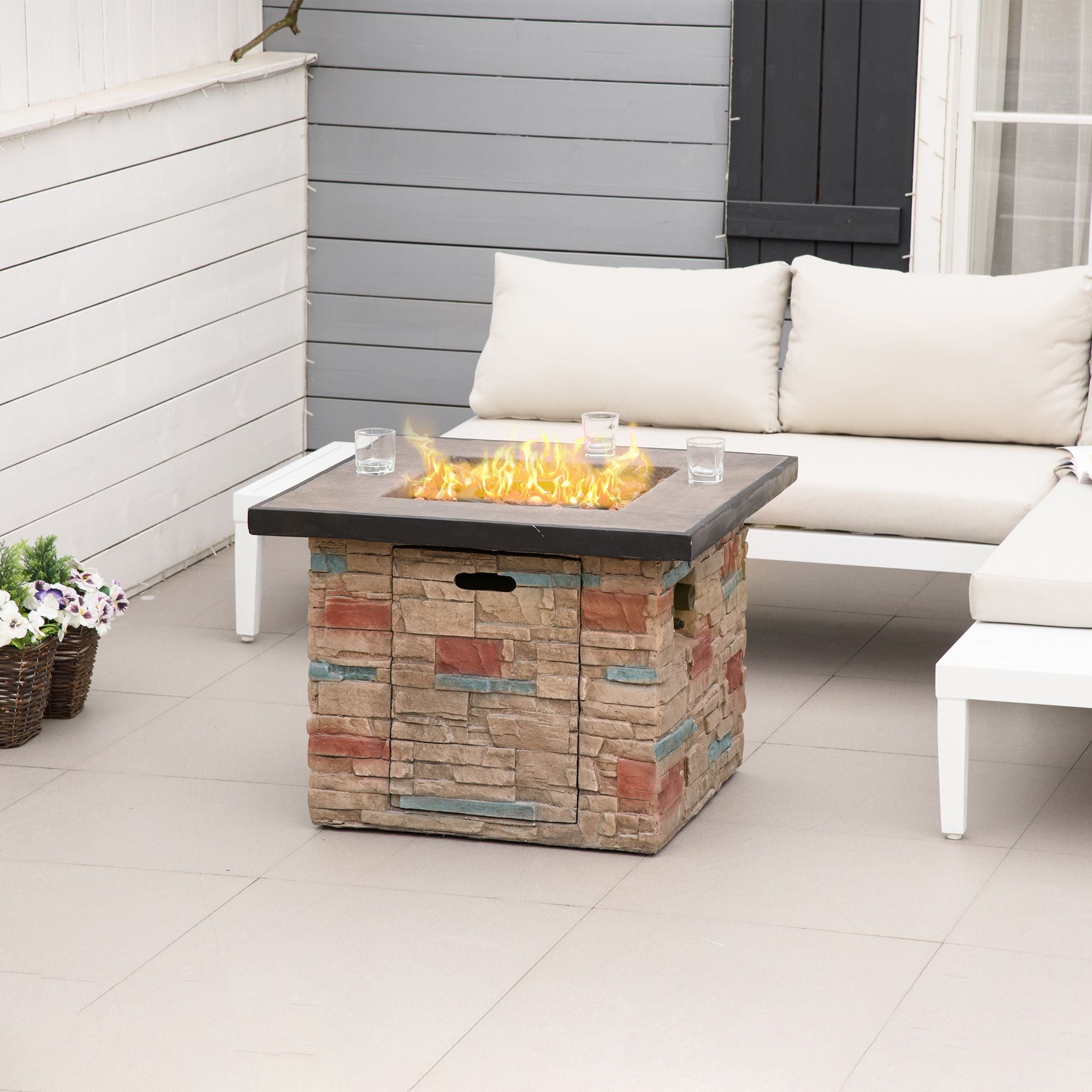 Propane Fire Pit Oasis: 32" Square Table with Cover & Lava Rocks for Patio