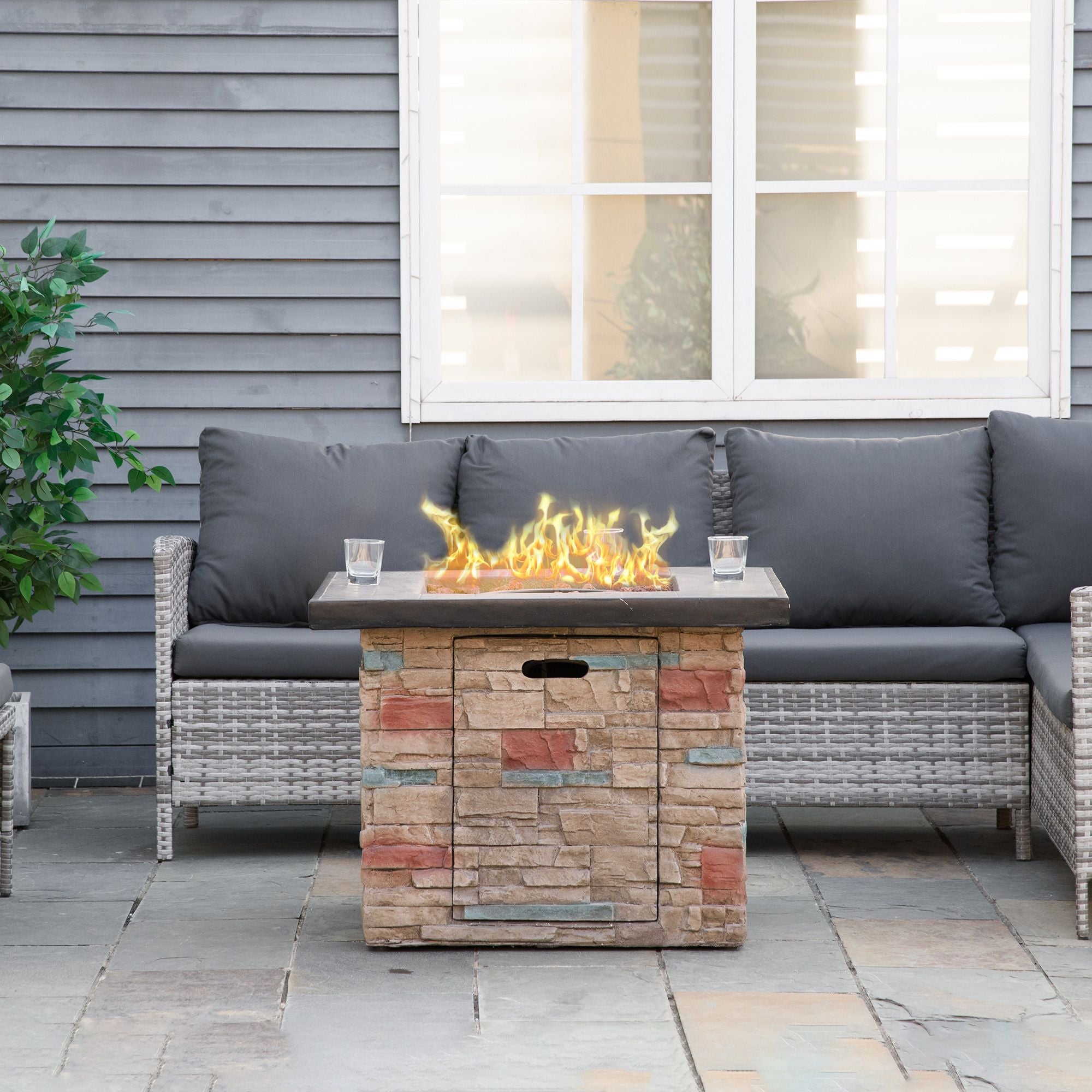 Propane Fire Pit Oasis: 32" Square Table with Cover & Lava Rocks for Patio
