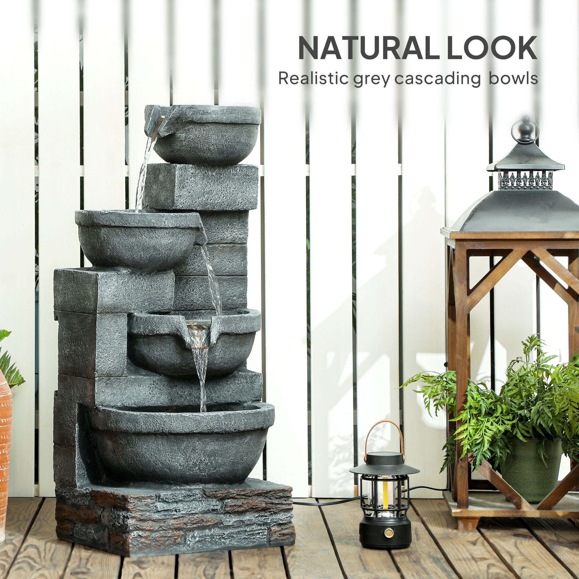 30" Tall Outdoor Water Fountain with LED Lights, 4-Tier Resin Cascading Bowls Outdoor Fountain Waterfall Fountain with Pump, Gray