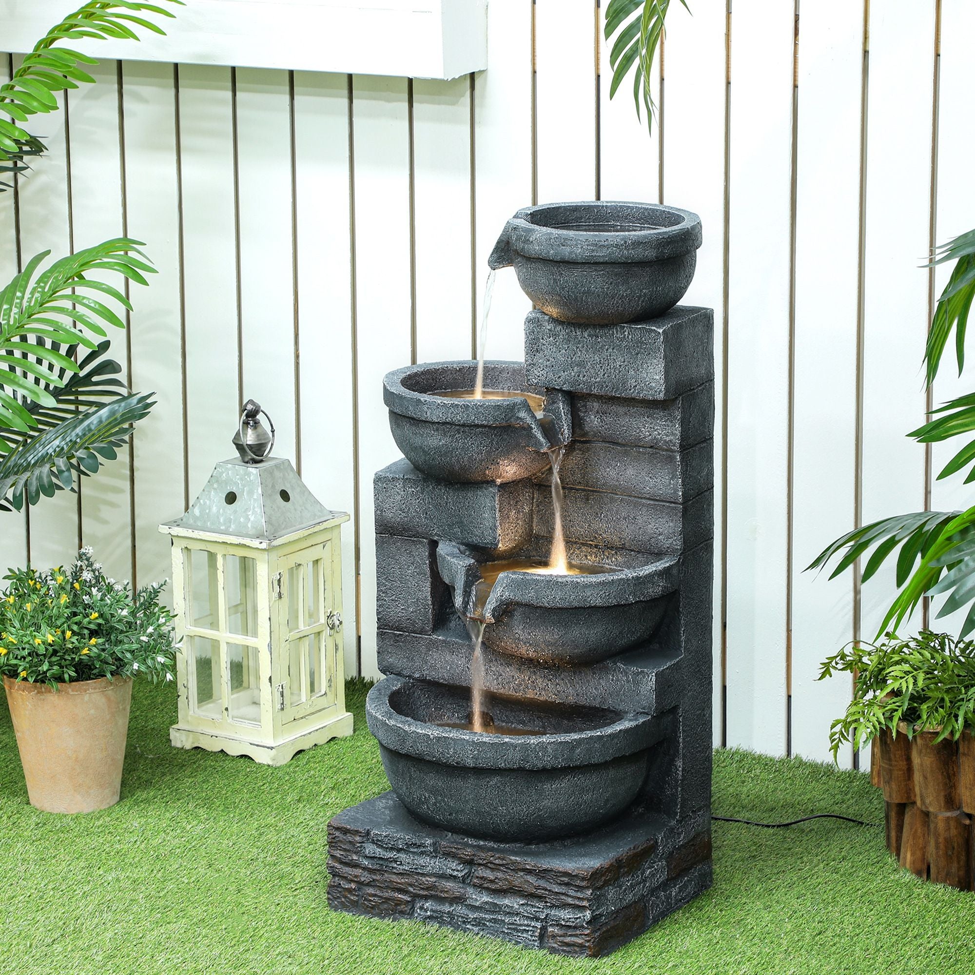 30" Tall Outdoor Water Fountain with LED Lights, 4-Tier Resin Cascading Bowls Outdoor Fountain Waterfall Fountain with Pump, Gray
