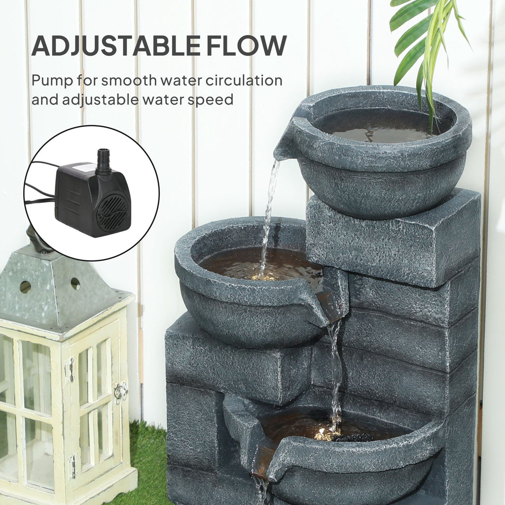 30" Tall Outdoor Water Fountain with LED Lights, 4-Tier Resin Cascading Bowls Outdoor Fountain Waterfall Fountain with Pump, Gray