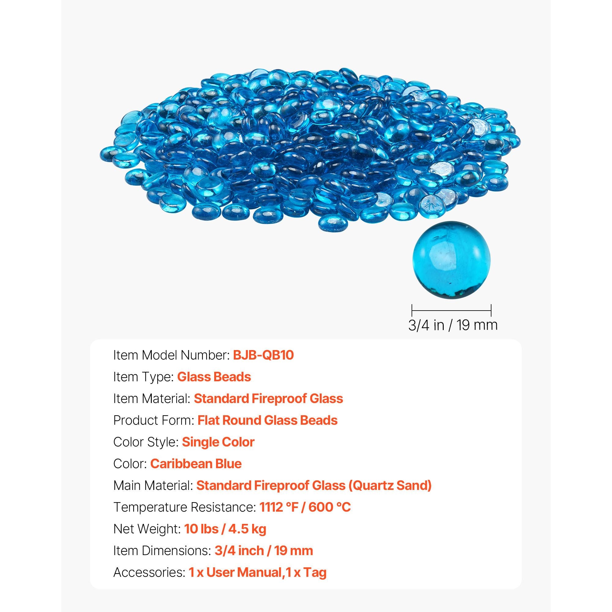 Fire Glass, 10 lbs / 4.5 kg High-Temperature Resistant Fireplace Rocks, 3/4-Inch / 19.05 mm Reflective Firepit Glass Beads, High Luster Stone Landscaping for Fire Pit Table, Caribbean Blue