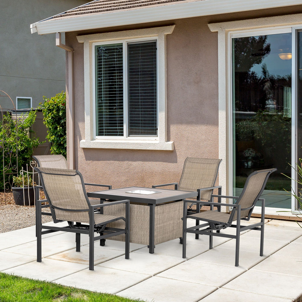 5-Piece Rattan Patio Dining Set Outdoor Wicker Furniture Set 4 Rocking Chairs & Square Table with Metal Ice Bucket, Beige