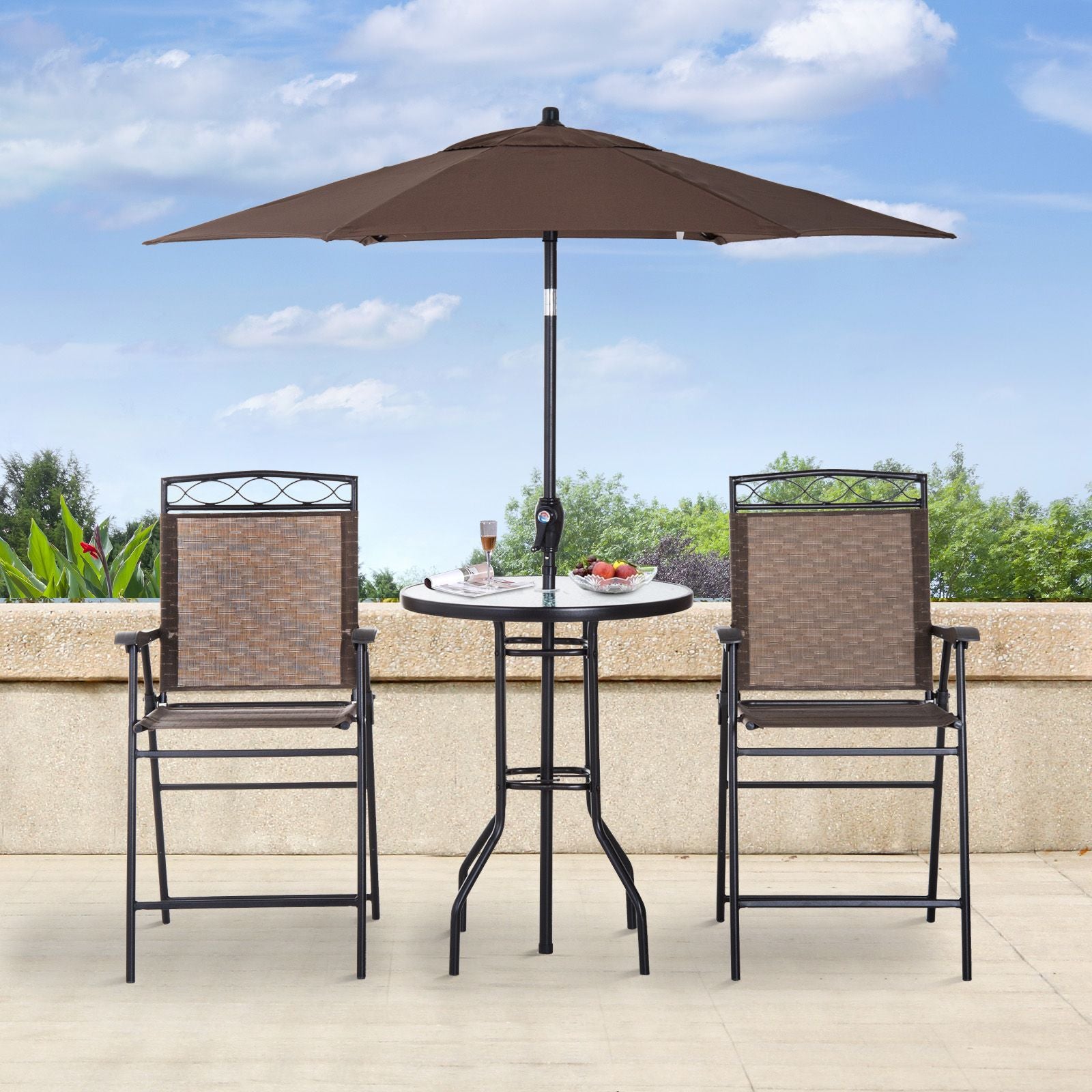 Patio Bar Set for 2 with 6 Adjustable Tilt Umbrella Brown Outdoor Bistro Set Folding Chairs