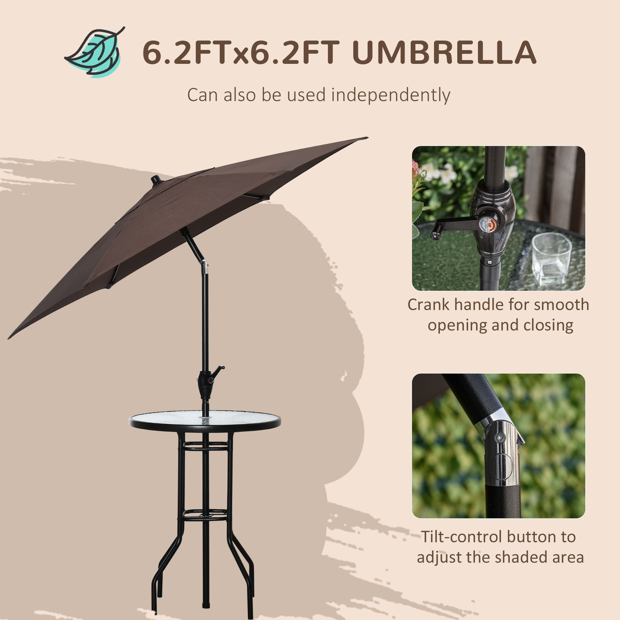 Patio Bar Set for 2 with 6 Adjustable Tilt Umbrella Brown Outdoor Bistro Set Folding Chairs