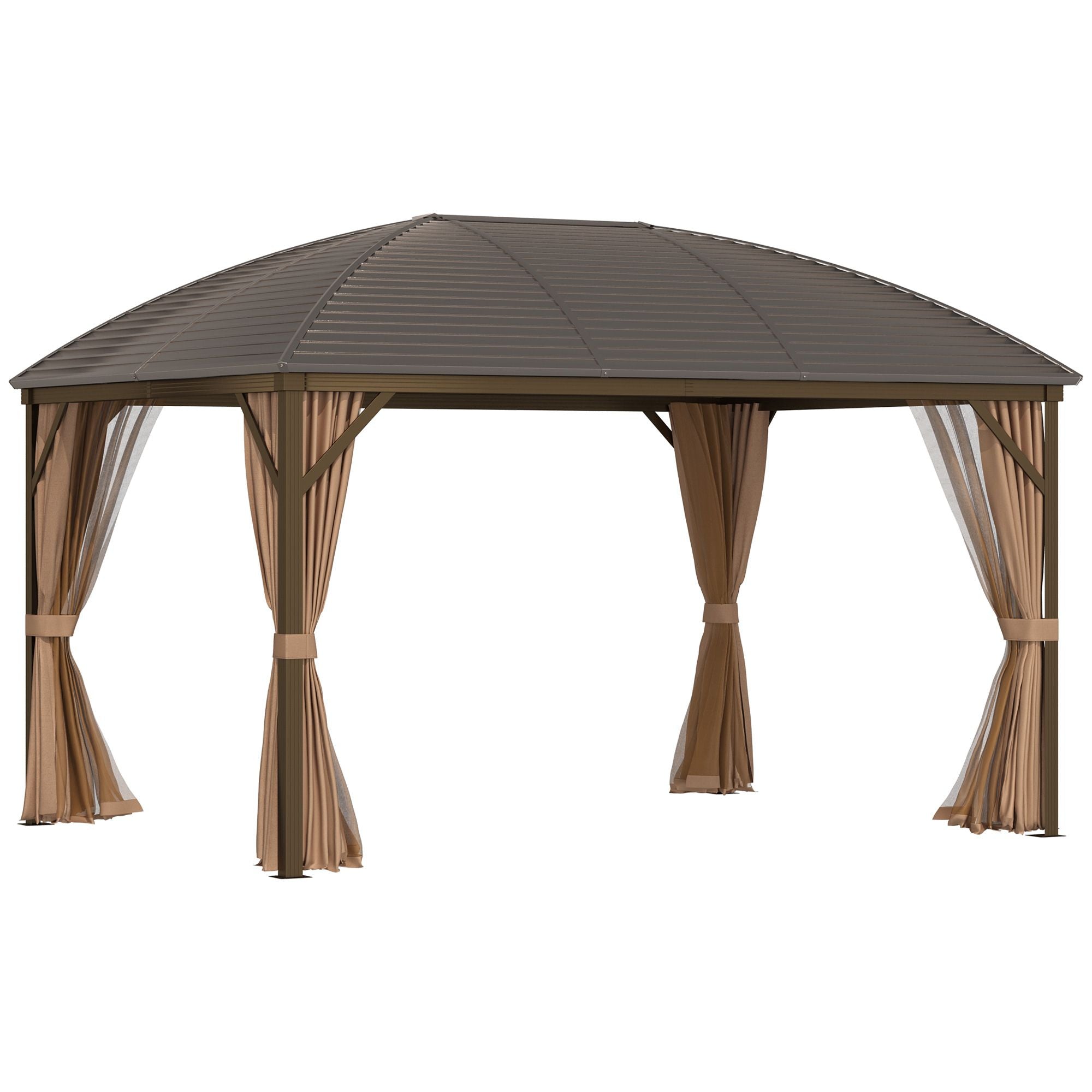 10' x 13' Hardtop Gazebo with Curtains and Netting, Outdoor Pavilion Gazebo with Top Hook, Ceiling Hook, for Garden, Brown
