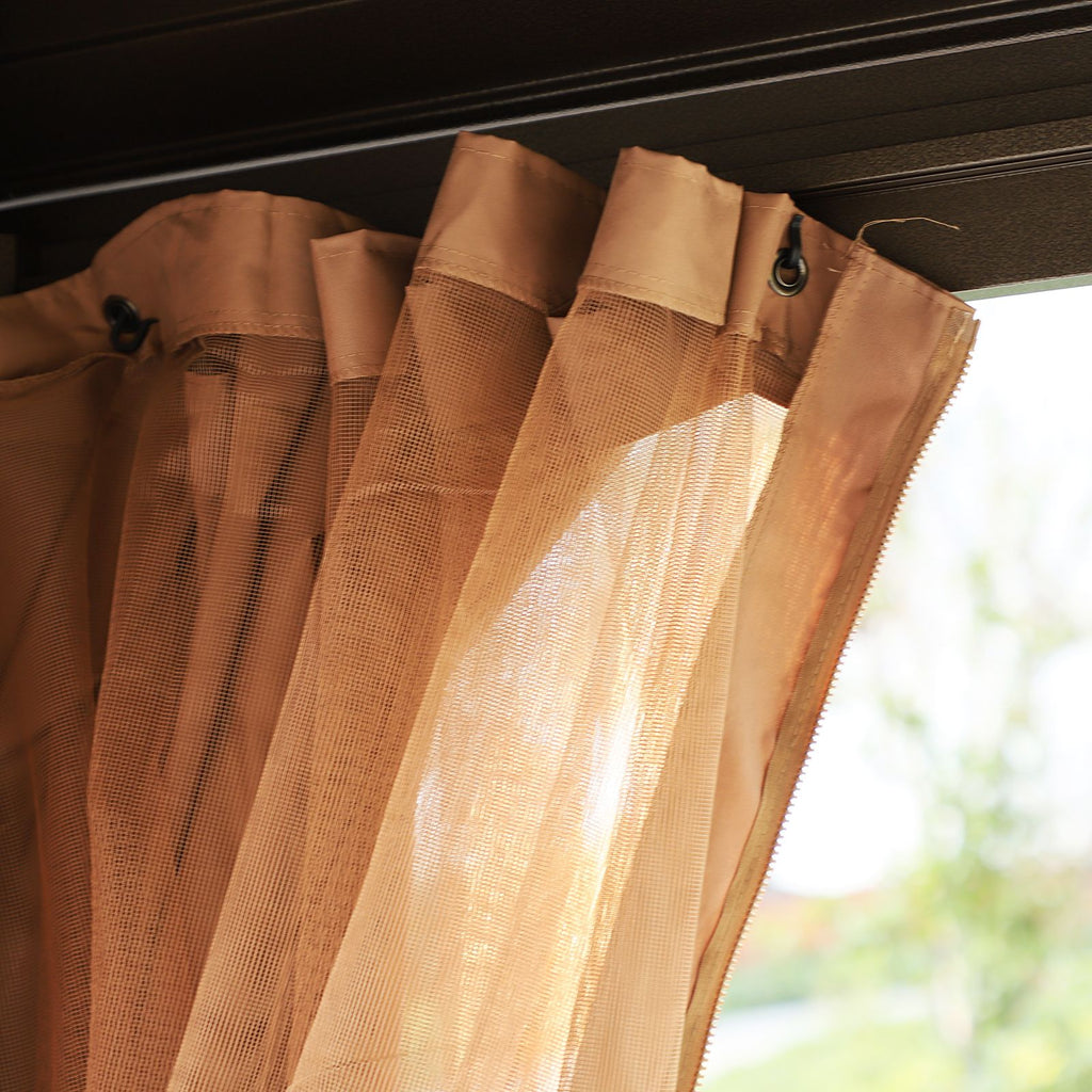 10' x 13' Hardtop Gazebo with Curtains and Netting, Outdoor Pavilion Gazebo with Top Hook, Ceiling Hook, for Garden, Brown