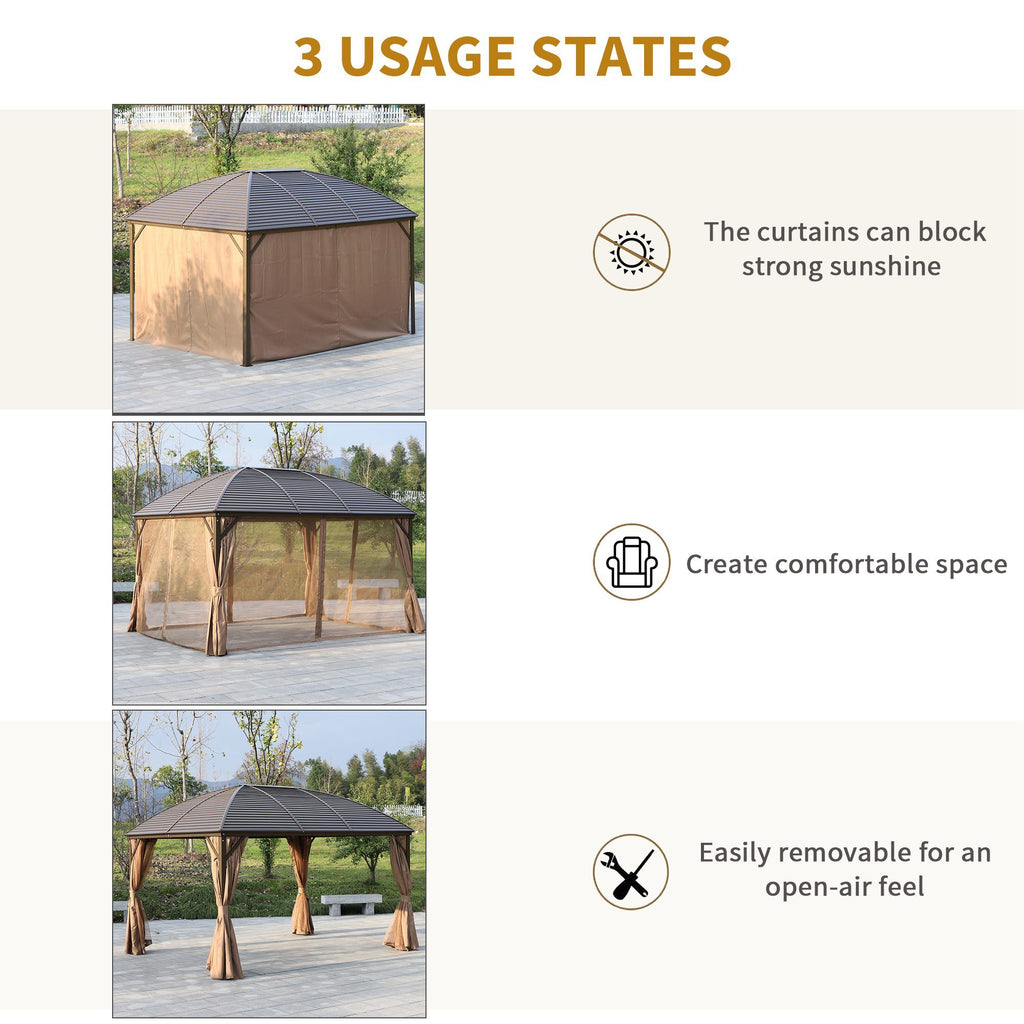 10' x 13' Hardtop Gazebo with Curtains and Netting, Outdoor Pavilion Gazebo with Top Hook, Ceiling Hook, for Garden, Brown