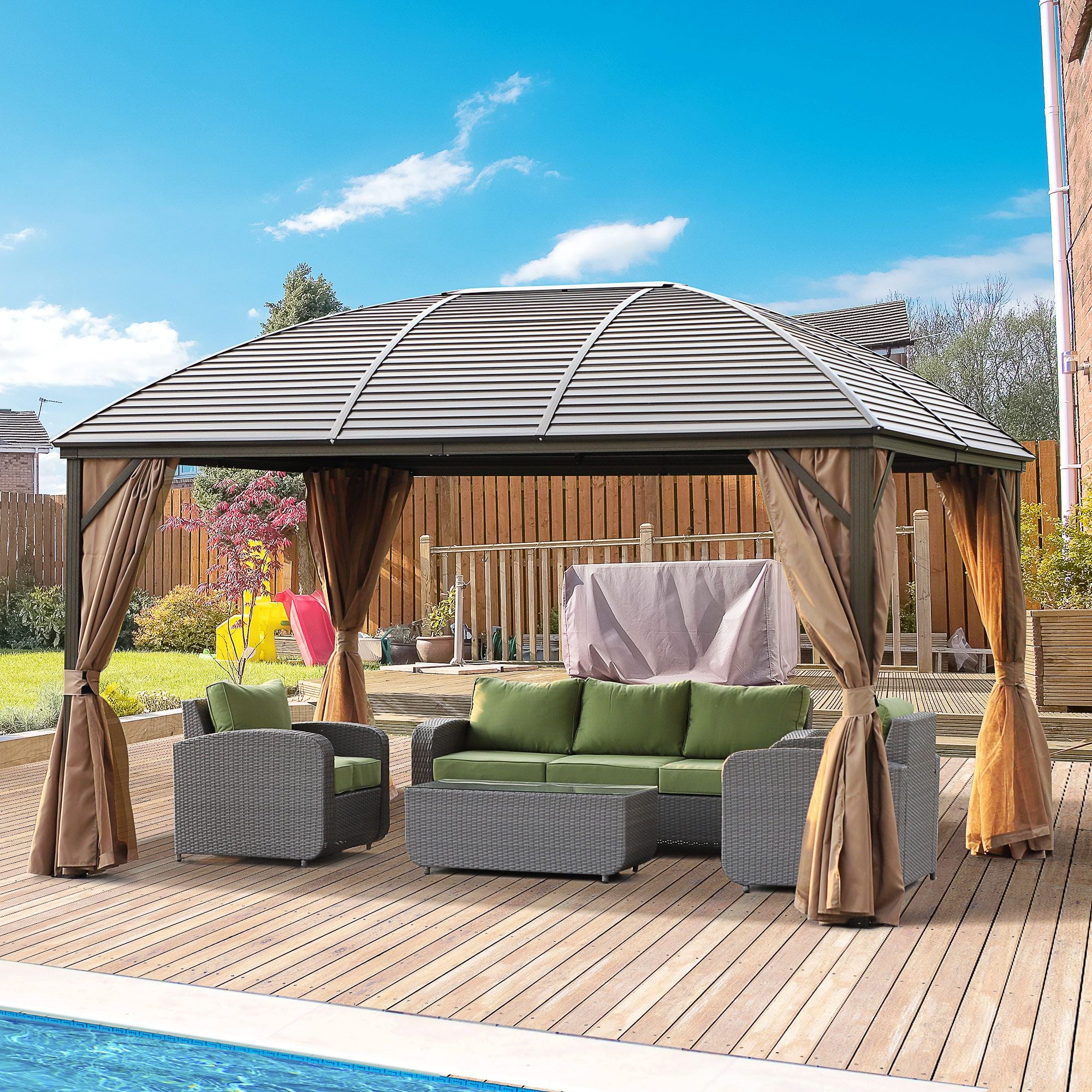 10' x 13' Hardtop Gazebo with Curtains and Netting, Outdoor Pavilion Gazebo with Top Hook, Ceiling Hook, for Garden, Brown