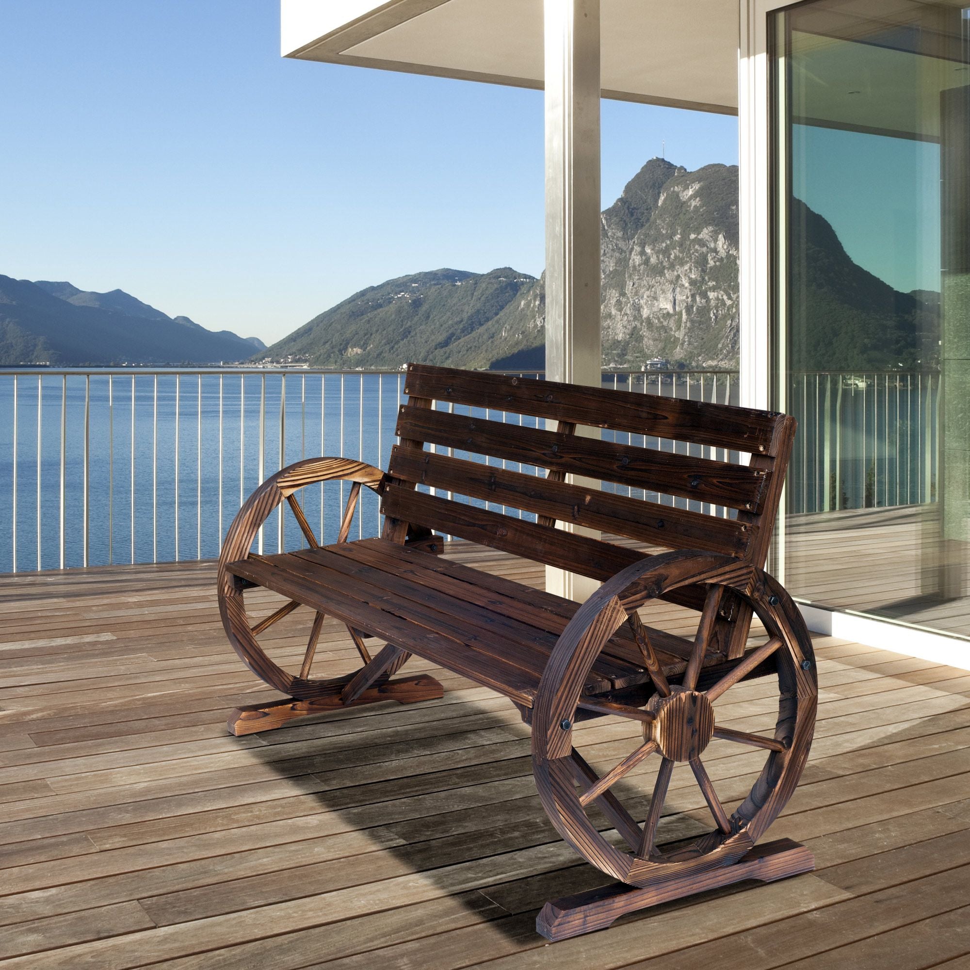 Wagon Wheel Bench Rustic 2-Person Outdoor Patio Carbonized Finish with Backrest