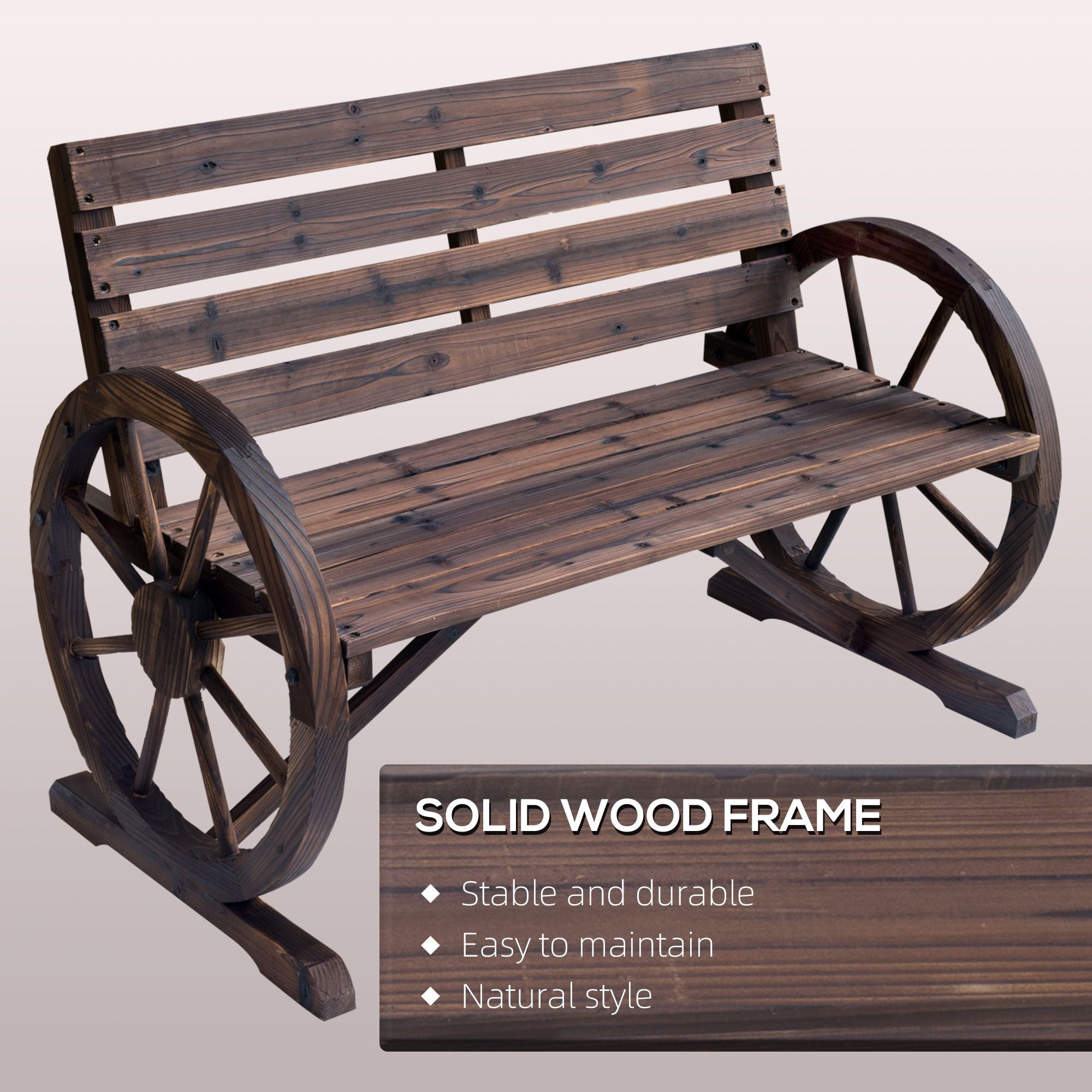 Wagon Wheel Bench Rustic 2-Person Outdoor Patio Carbonized Finish with Backrest