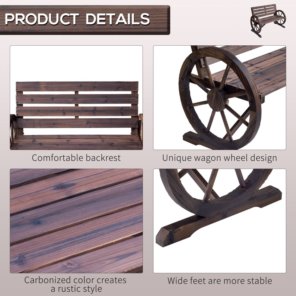 Wagon Wheel Bench Rustic 2-Person Outdoor Patio Carbonized Finish with Backrest