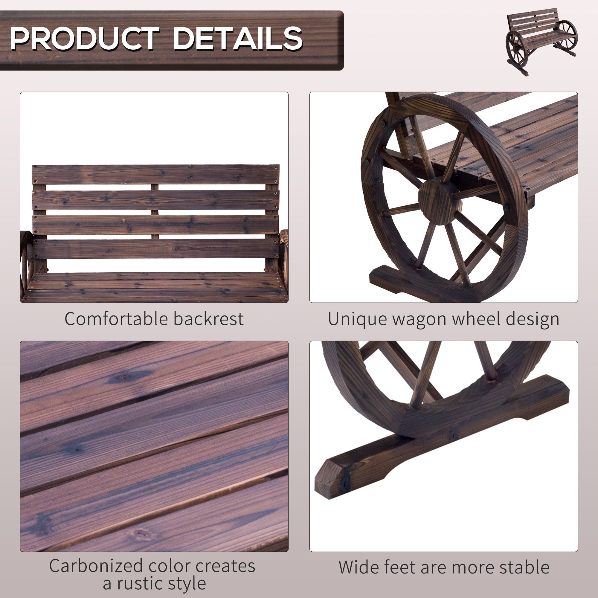 Wagon Wheel Bench Rustic 2-Person Outdoor Patio Carbonized Finish with Backrest