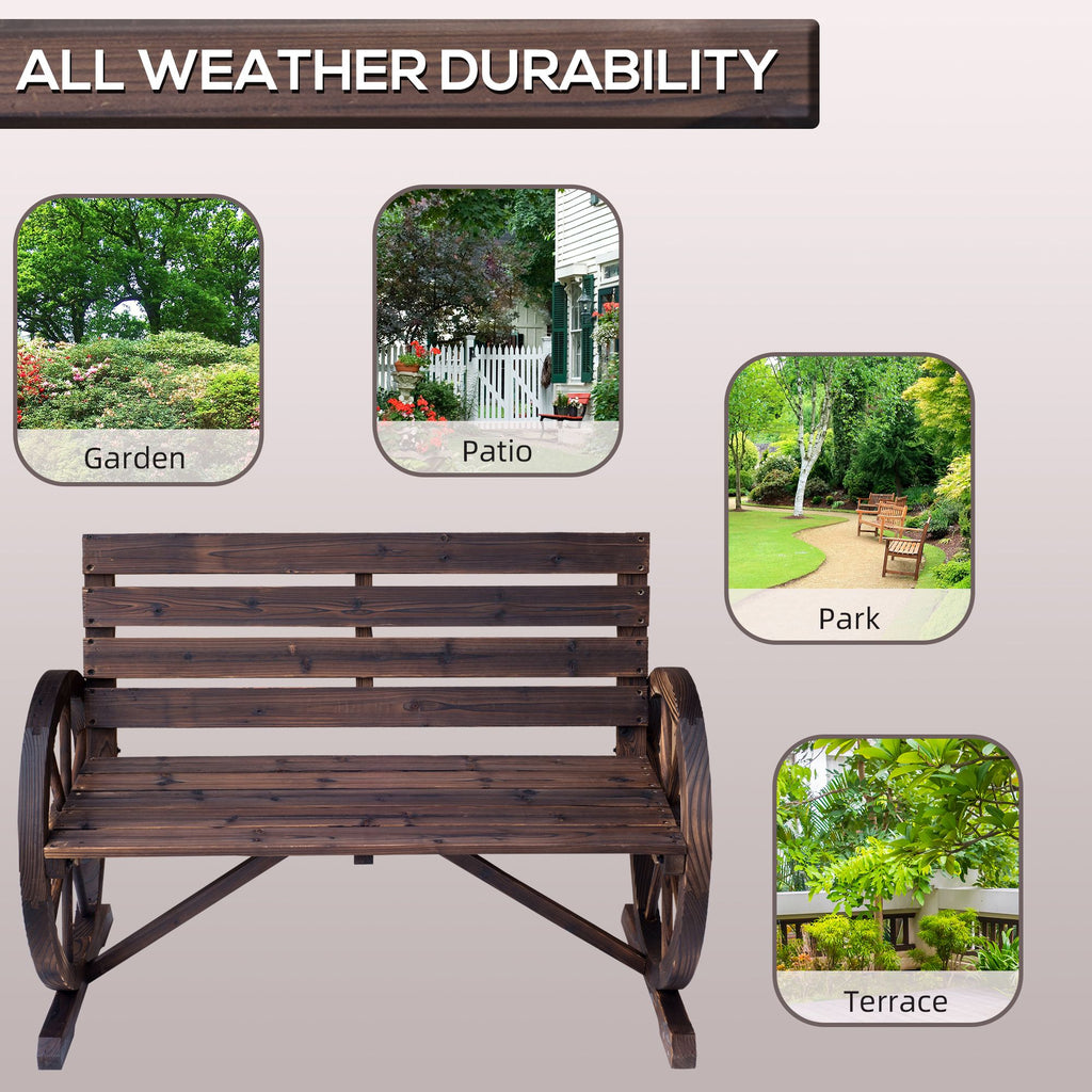 Wagon Wheel Bench Rustic 2-Person Outdoor Patio Carbonized Finish with Backrest