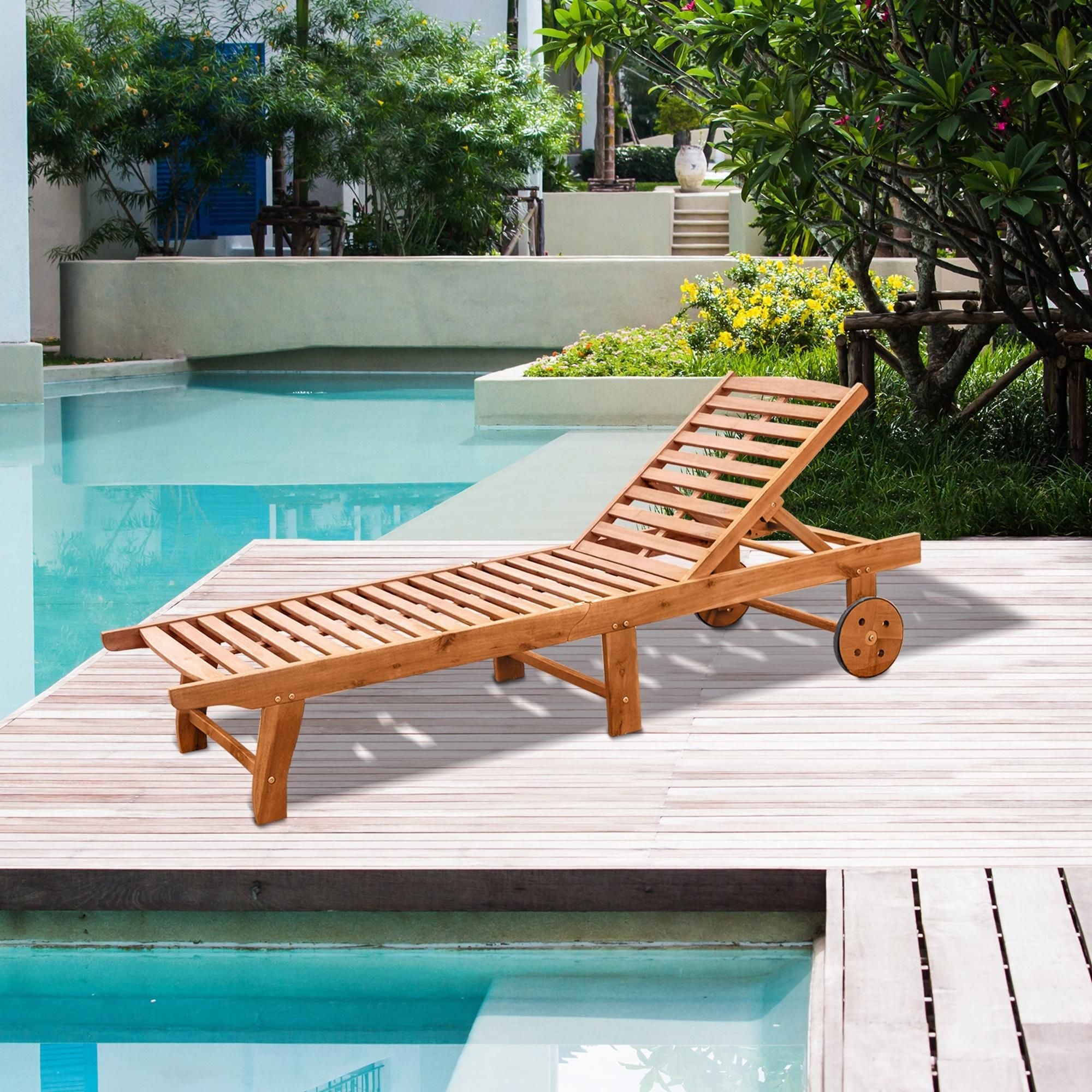 Teak Wooden Outdoor Folding Chaise Lounge Chair with Wheels Recliner for Patio Comfort