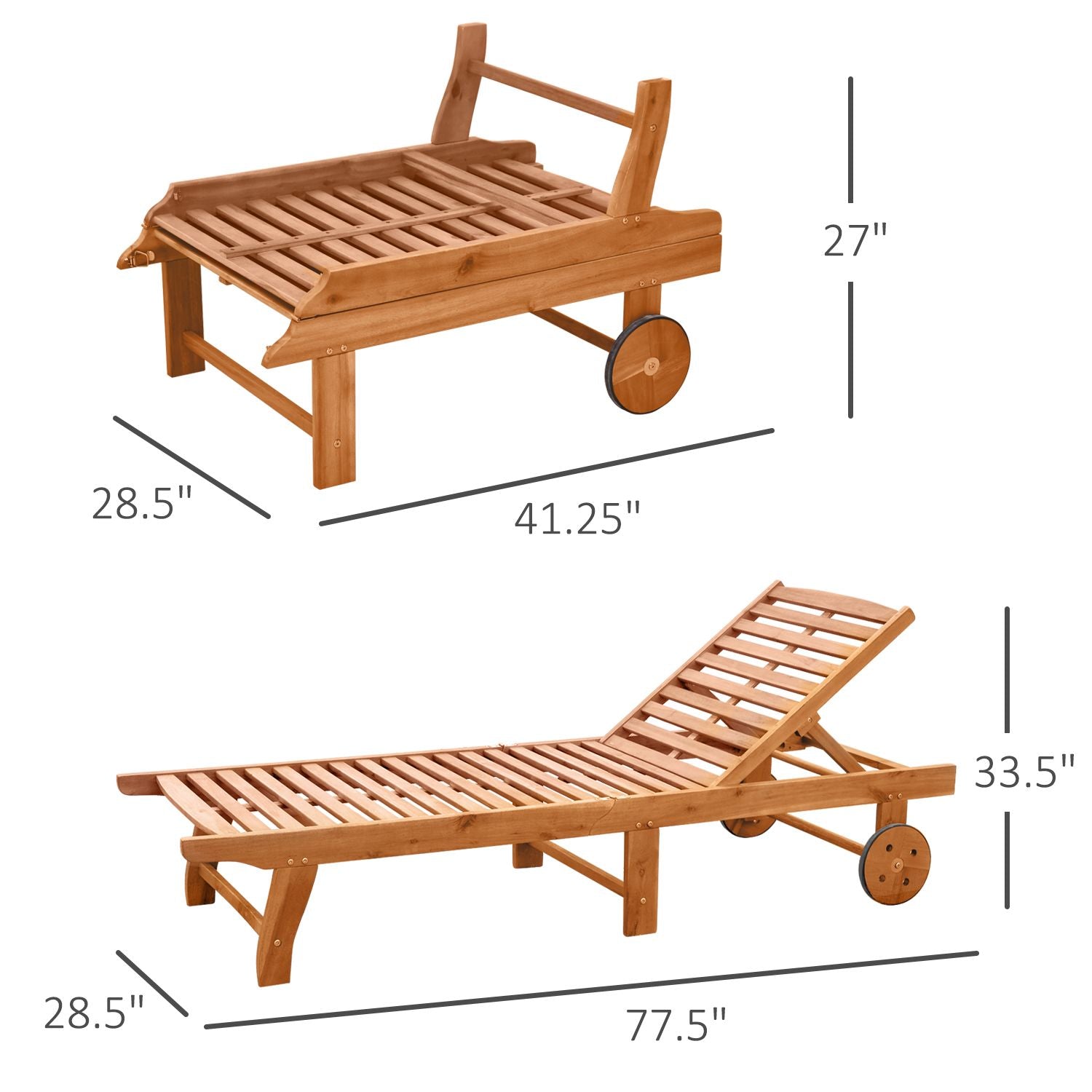 Teak Wooden Outdoor Folding Chaise Lounge Chair with Wheels Recliner for Patio Comfort