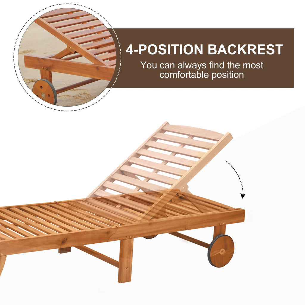 Teak Wooden Outdoor Folding Chaise Lounge Chair with Wheels Recliner for Patio Comfort