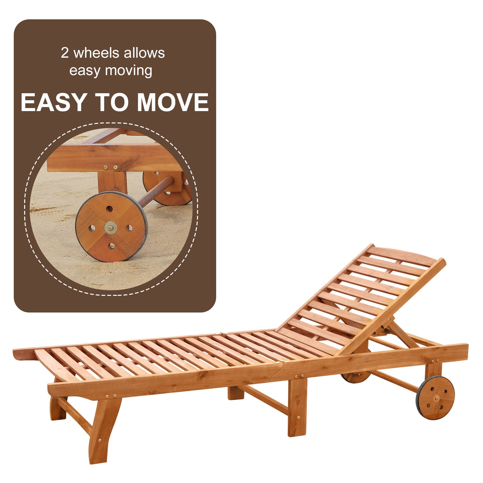 Teak Wooden Outdoor Folding Chaise Lounge Chair with Wheels Recliner for Patio Comfort