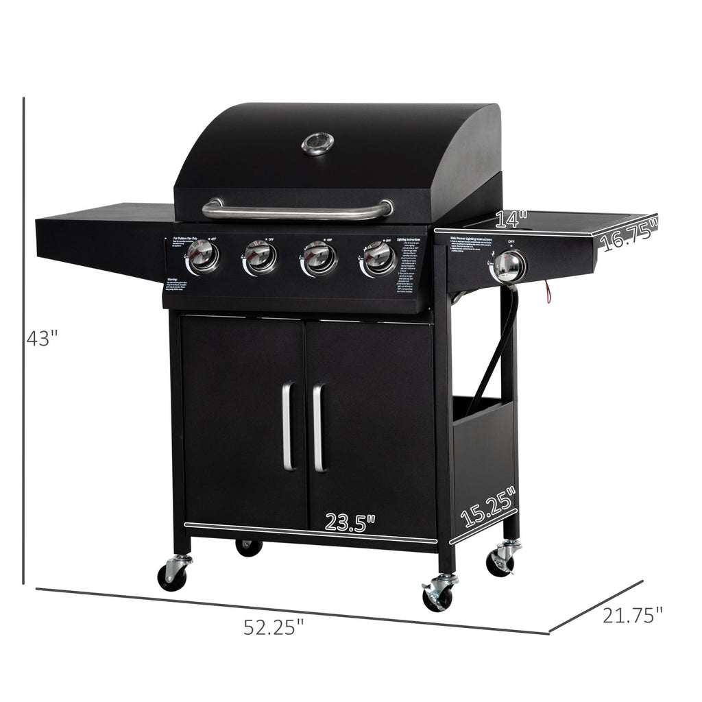 52 Barbecue Grill with Wheels 4+1 Burner Propane Gas Outdoor BBQ Trolley Side Burner Warming Rack Black