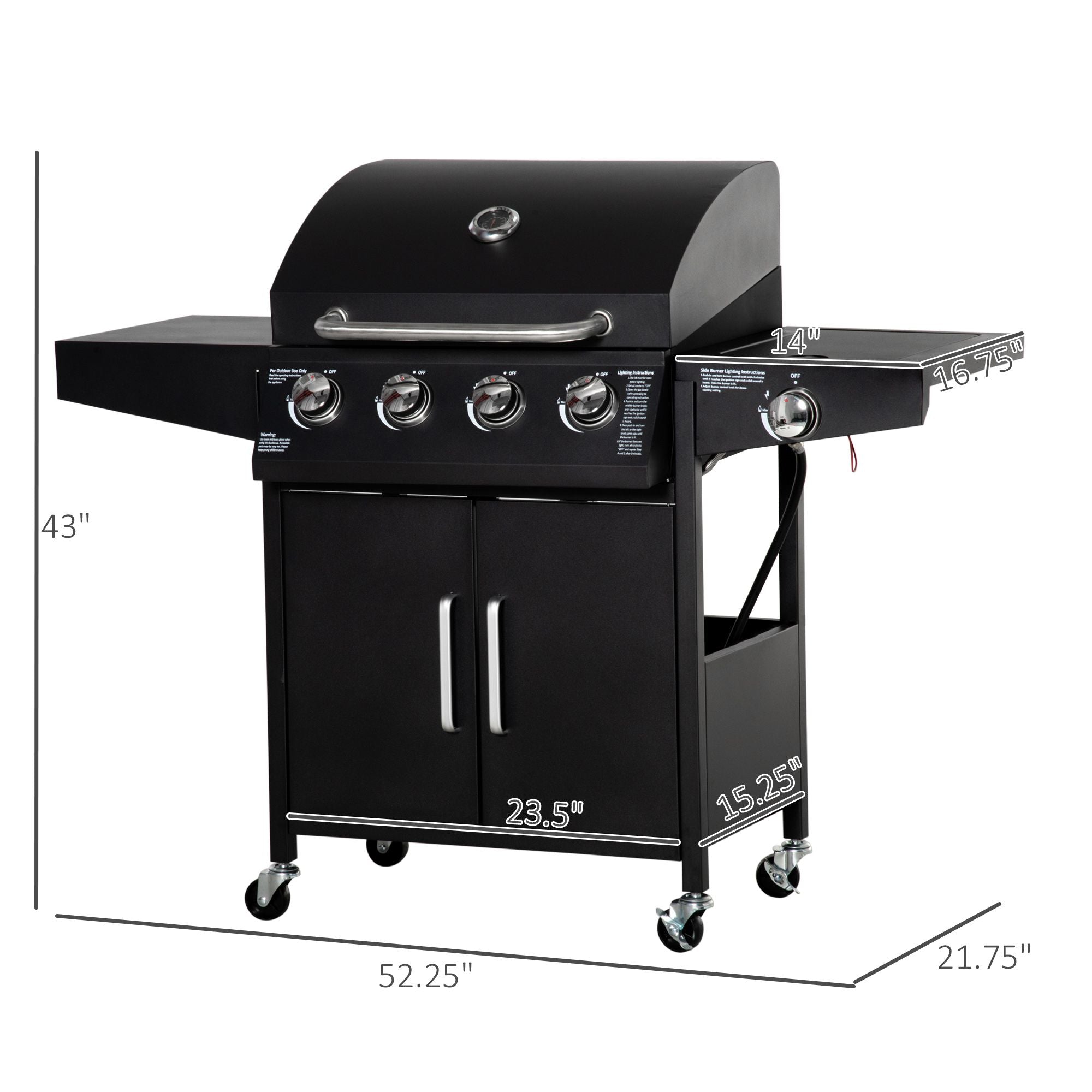 52 Barbecue Grill with Wheels 4+1 Burner Propane Gas Outdoor BBQ Trolley Side Burner Warming Rack Black