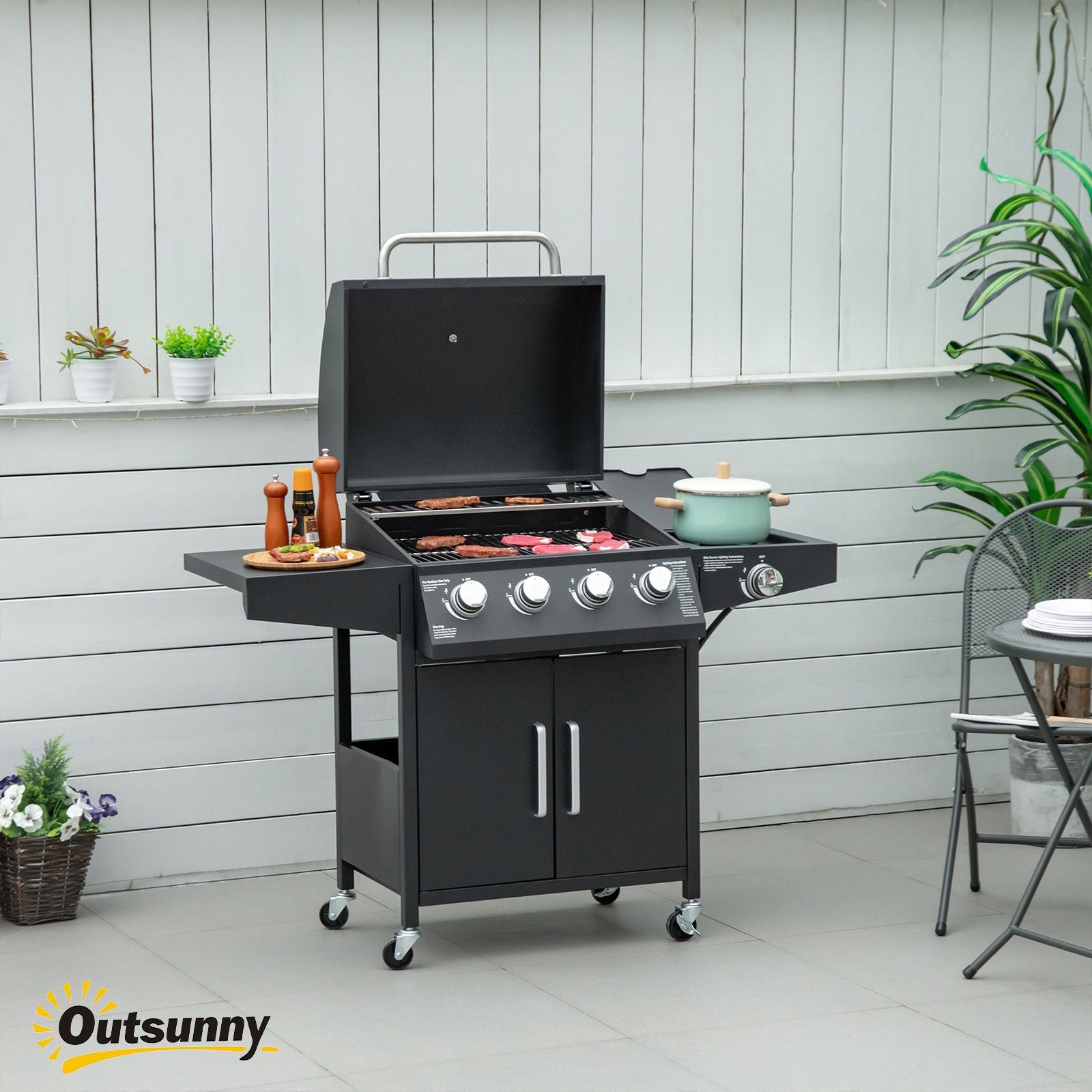 52 Barbecue Grill with Wheels 4+1 Burner Propane Gas Outdoor BBQ Trolley Side Burner Warming Rack Black