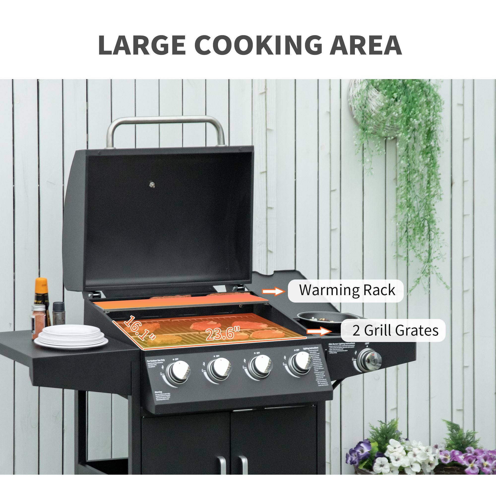 52 Barbecue Grill with Wheels 4+1 Burner Propane Gas Outdoor BBQ Trolley Side Burner Warming Rack Black