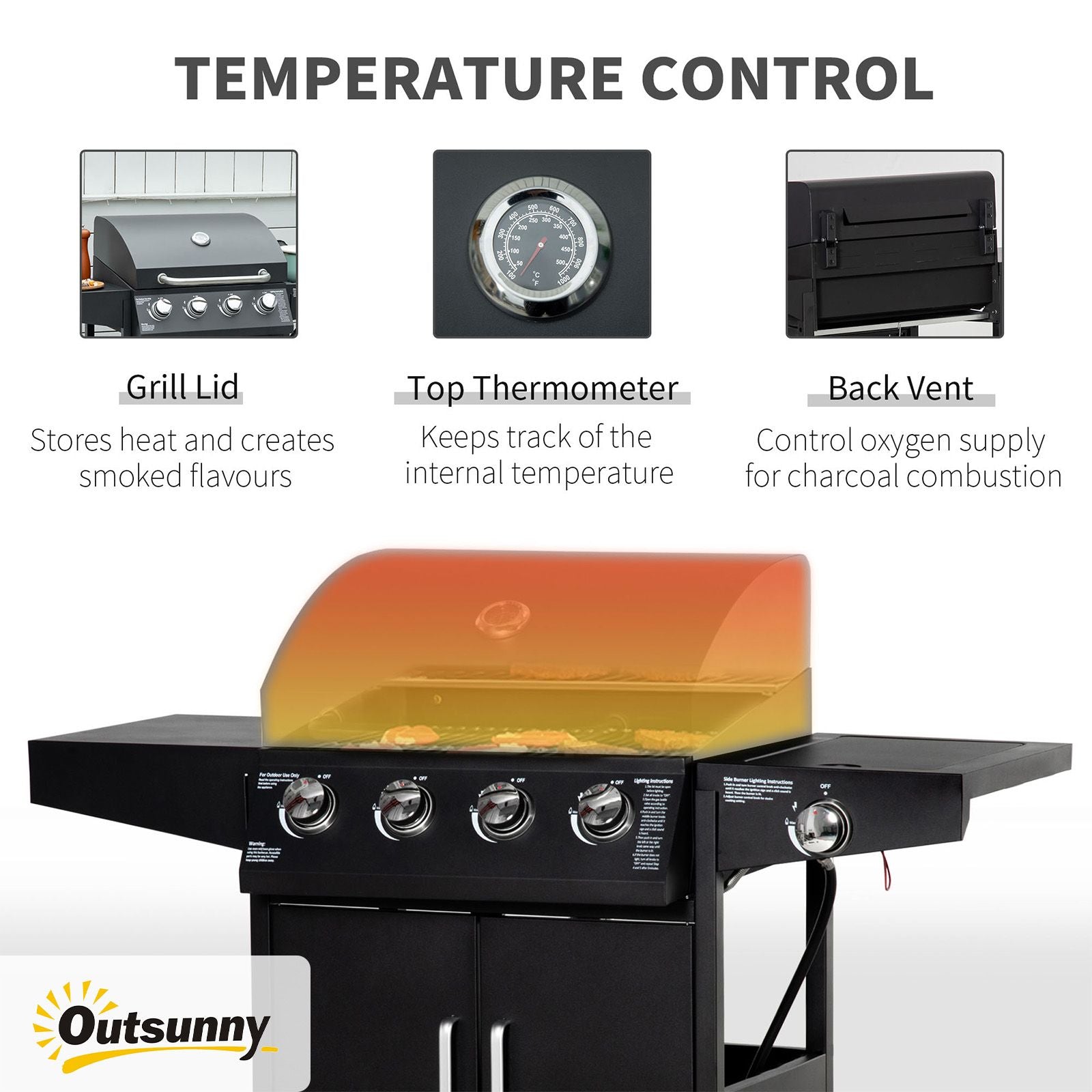 52 Barbecue Grill with Wheels 4+1 Burner Propane Gas Outdoor BBQ Trolley Side Burner Warming Rack Black