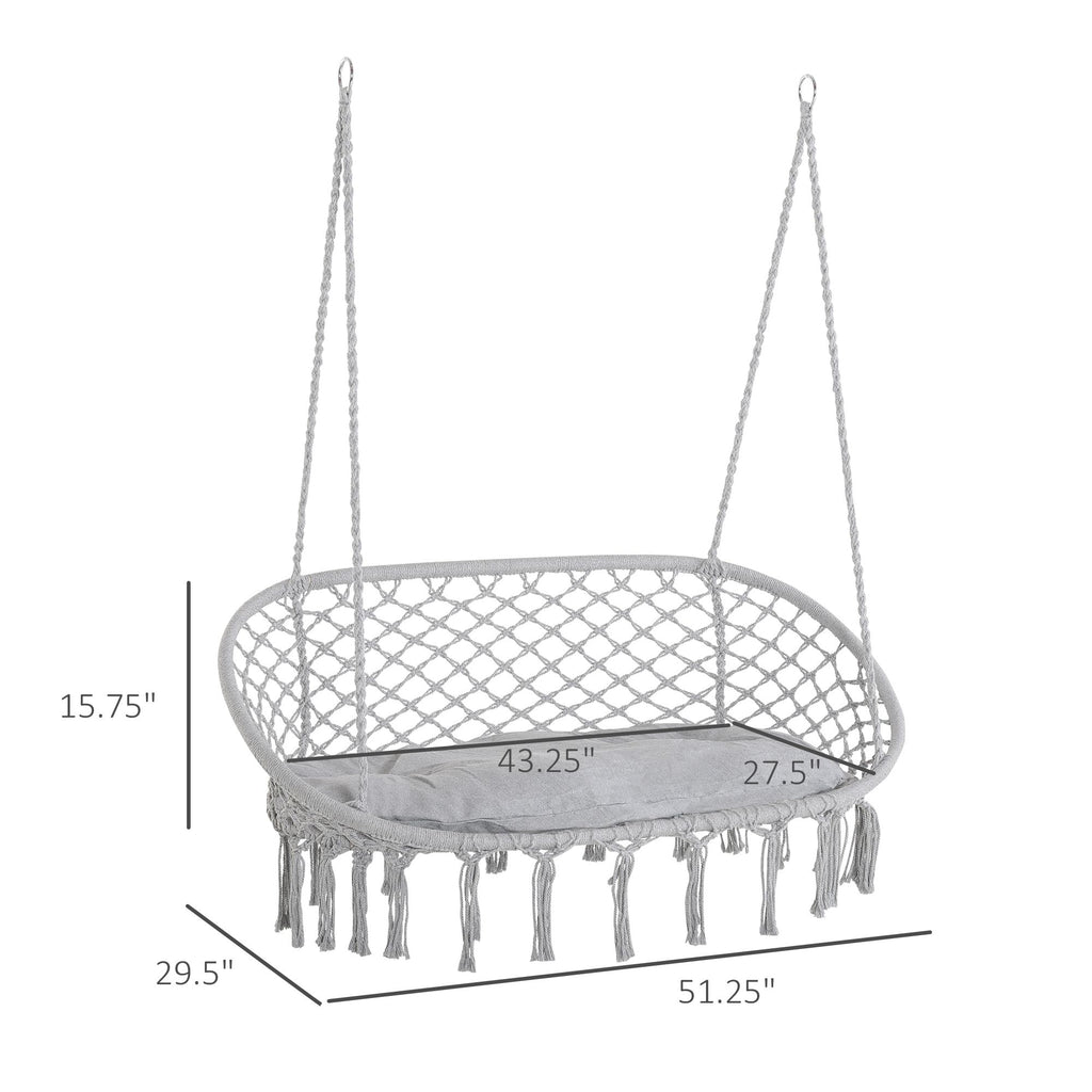 Hanging Hammock Chair Cotton Rope Porch Swing with Metal Frame and Cushion, Large Macrame Seat for Patio, Garden, Light Grey