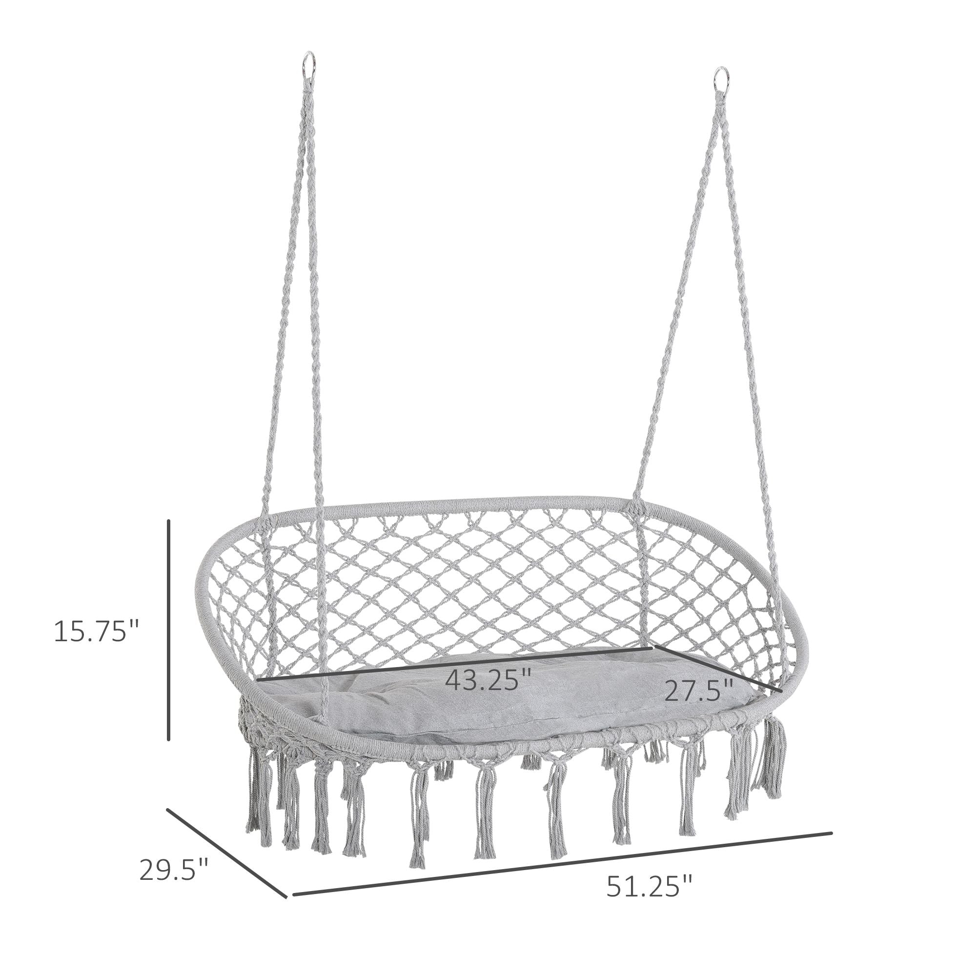Hanging Hammock Chair Cotton Rope Porch Swing with Metal Frame and Cushion, Large Macrame Seat for Patio, Garden, Light Grey