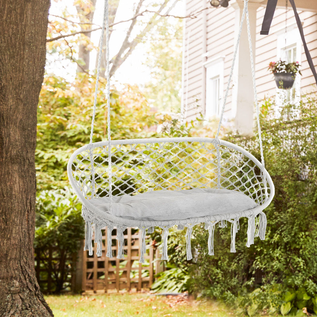 Hanging Hammock Chair Cotton Rope Porch Swing with Metal Frame and Cushion, Large Macrame Seat for Patio, Garden, Light Grey