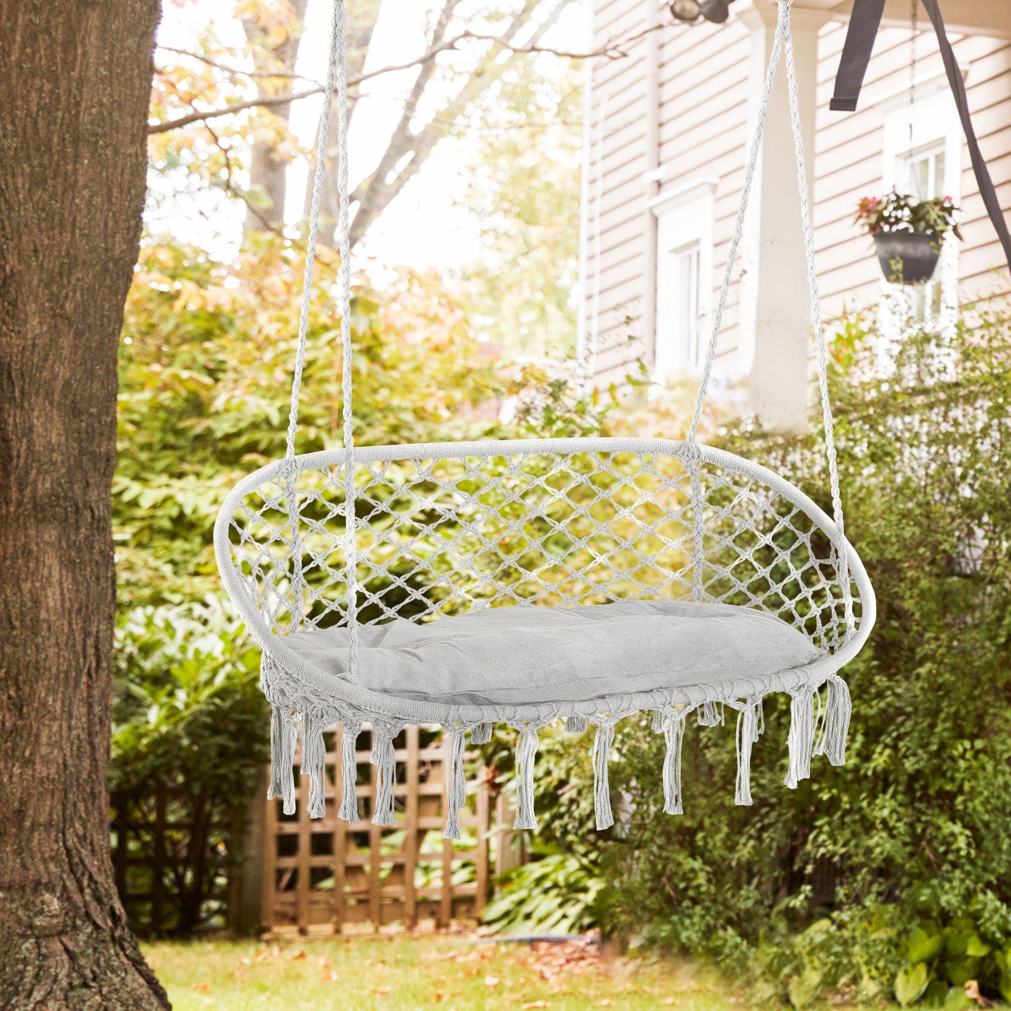Hanging Hammock Chair Cotton Rope Porch Swing with Metal Frame and Cushion, Large Macrame Seat for Patio, Garden, Light Grey