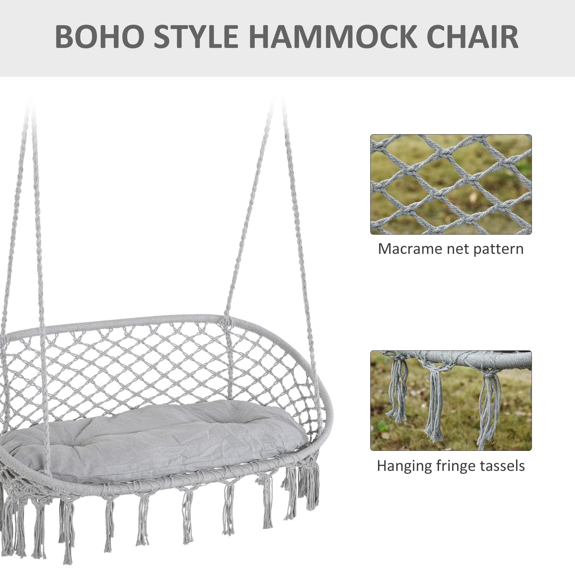 Hanging Hammock Chair Cotton Rope Porch Swing with Metal Frame and Cushion, Large Macrame Seat for Patio, Garden, Light Grey