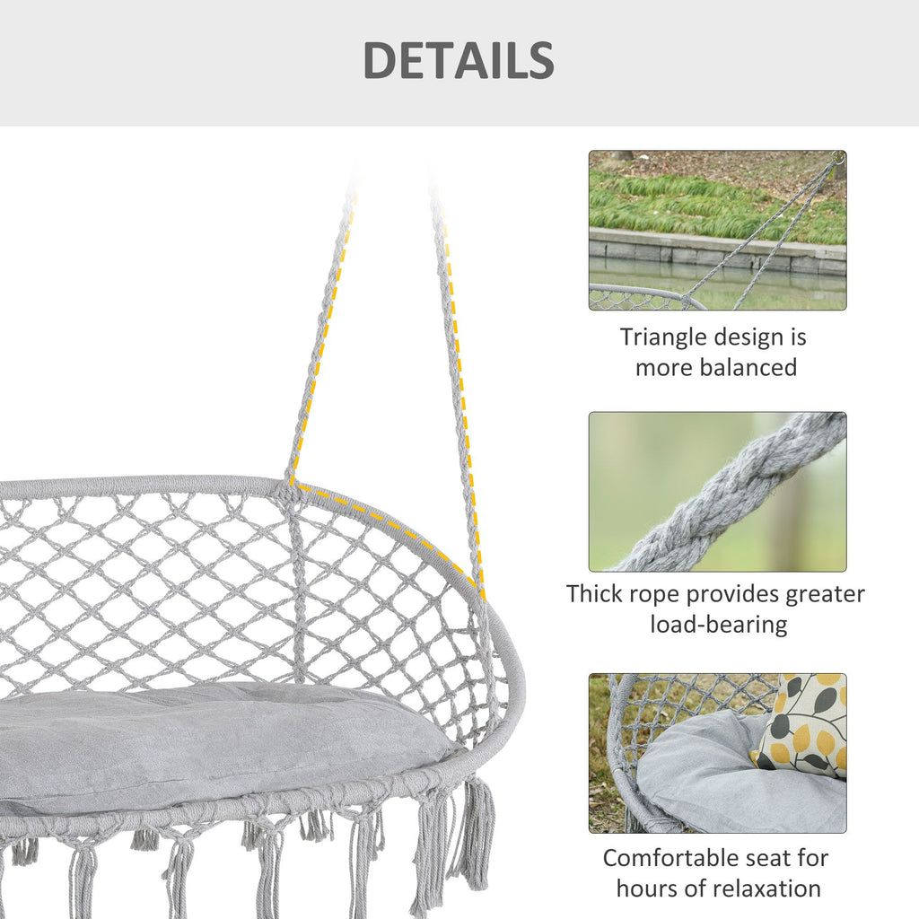 Hanging Hammock Chair Cotton Rope Porch Swing with Metal Frame and Cushion, Large Macrame Seat for Patio, Garden, Light Grey