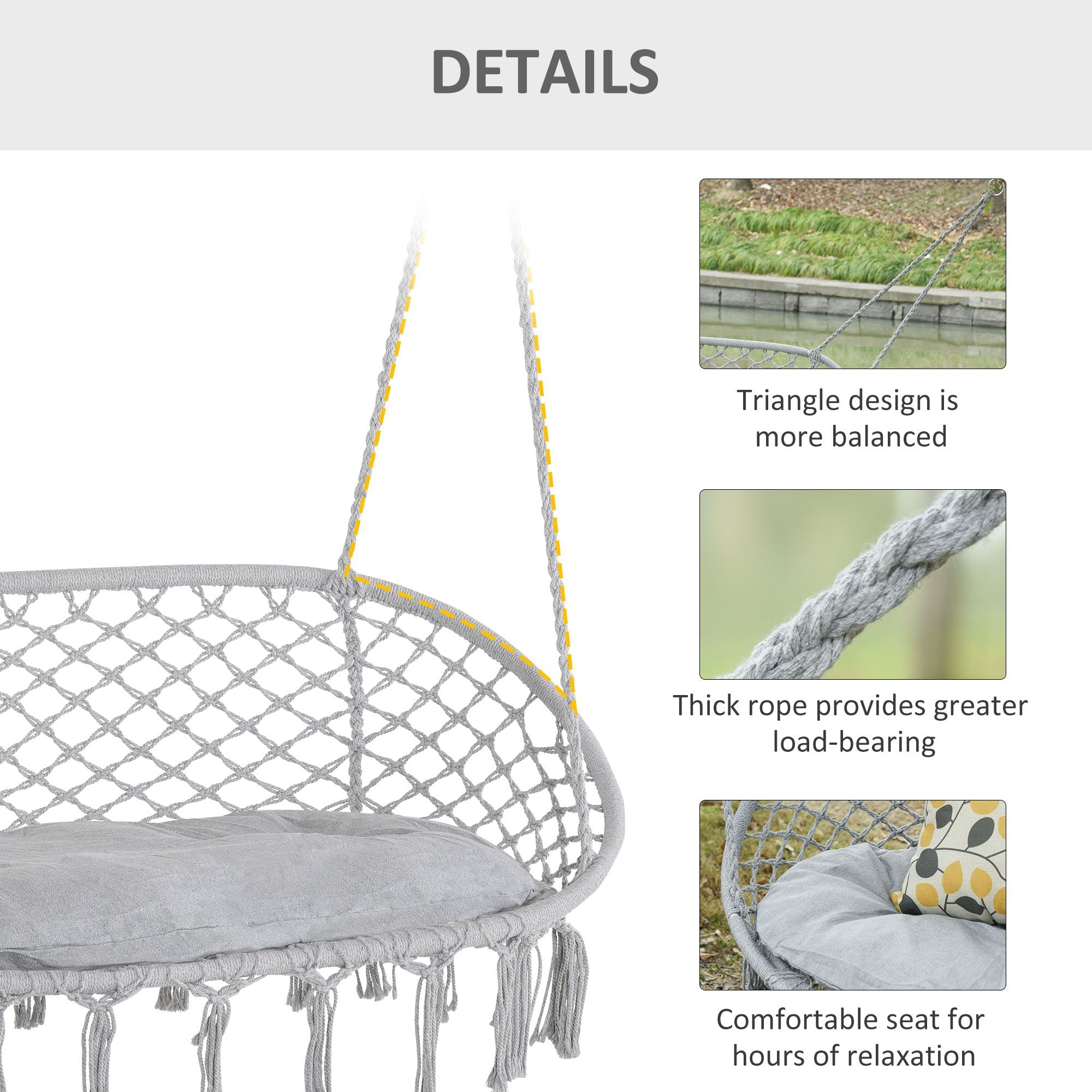 Hanging Hammock Chair Cotton Rope Porch Swing with Metal Frame and Cushion, Large Macrame Seat for Patio, Garden, Light Grey