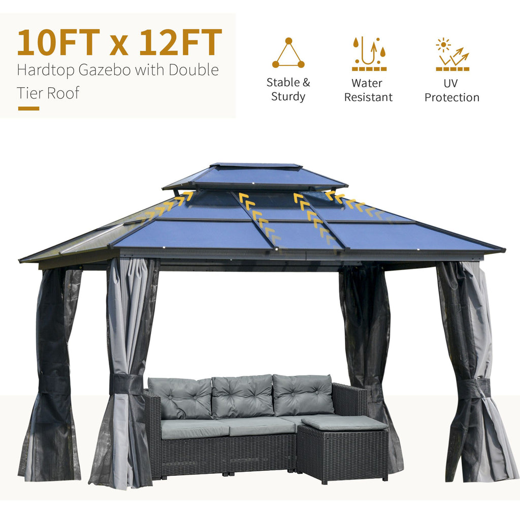 Hardtop Gazebo 10x12, with Aluminum Frame, 2-Tier Polycarbonate Roof, with Curtains, Netting for Garden, Patio, Backyard, Grey