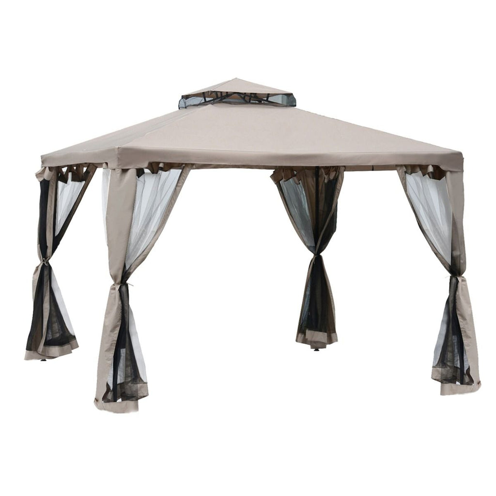 10' x 10' Gazebo Tent, Canopy with Mosquito Netting SideWalls, 2-Tier Vented Roof, Fabric for Garden, Lawn, Backyard, Taupe