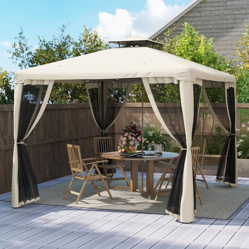 10' x 10' Gazebo Tent, Canopy with Mosquito Netting SideWalls, 2-Tier Vented Roof, Fabric for Garden, Lawn, Backyard, Taupe