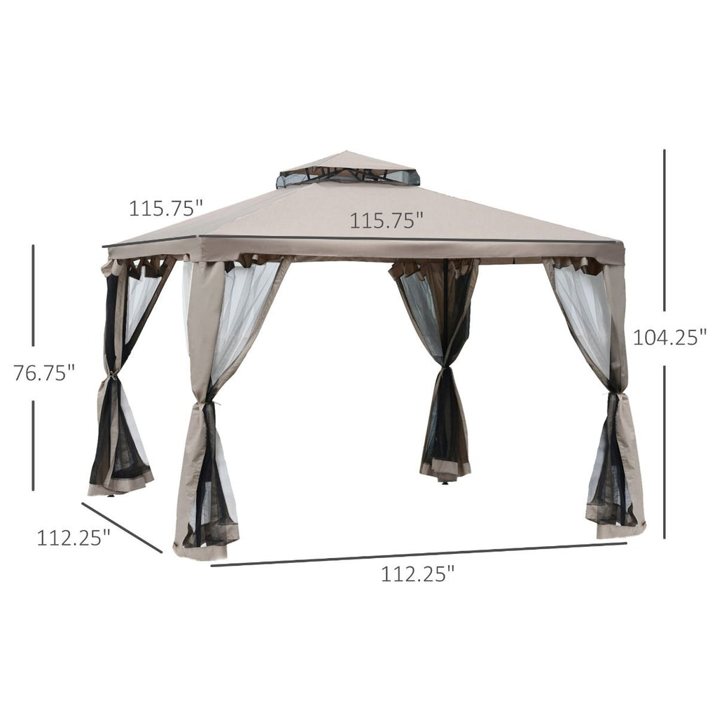 10' x 10' Gazebo Tent, Canopy with Mosquito Netting SideWalls, 2-Tier Vented Roof, Fabric for Garden, Lawn, Backyard, Taupe