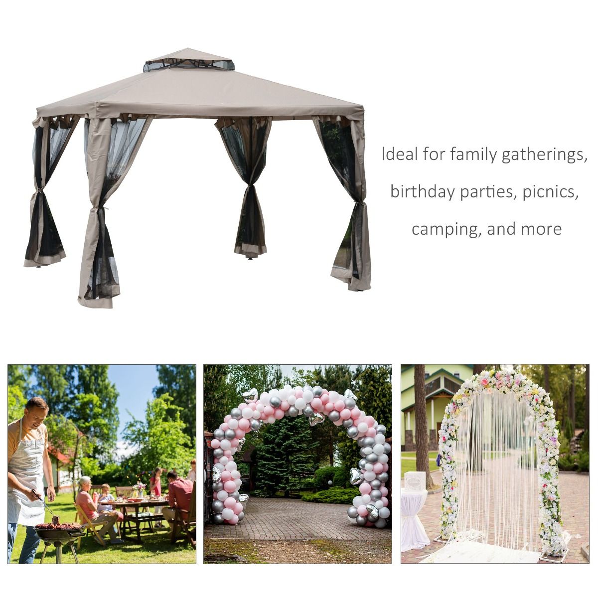 10' x 10' Gazebo Tent, Canopy with Mosquito Netting SideWalls, 2-Tier Vented Roof, Fabric for Garden, Lawn, Backyard, Taupe