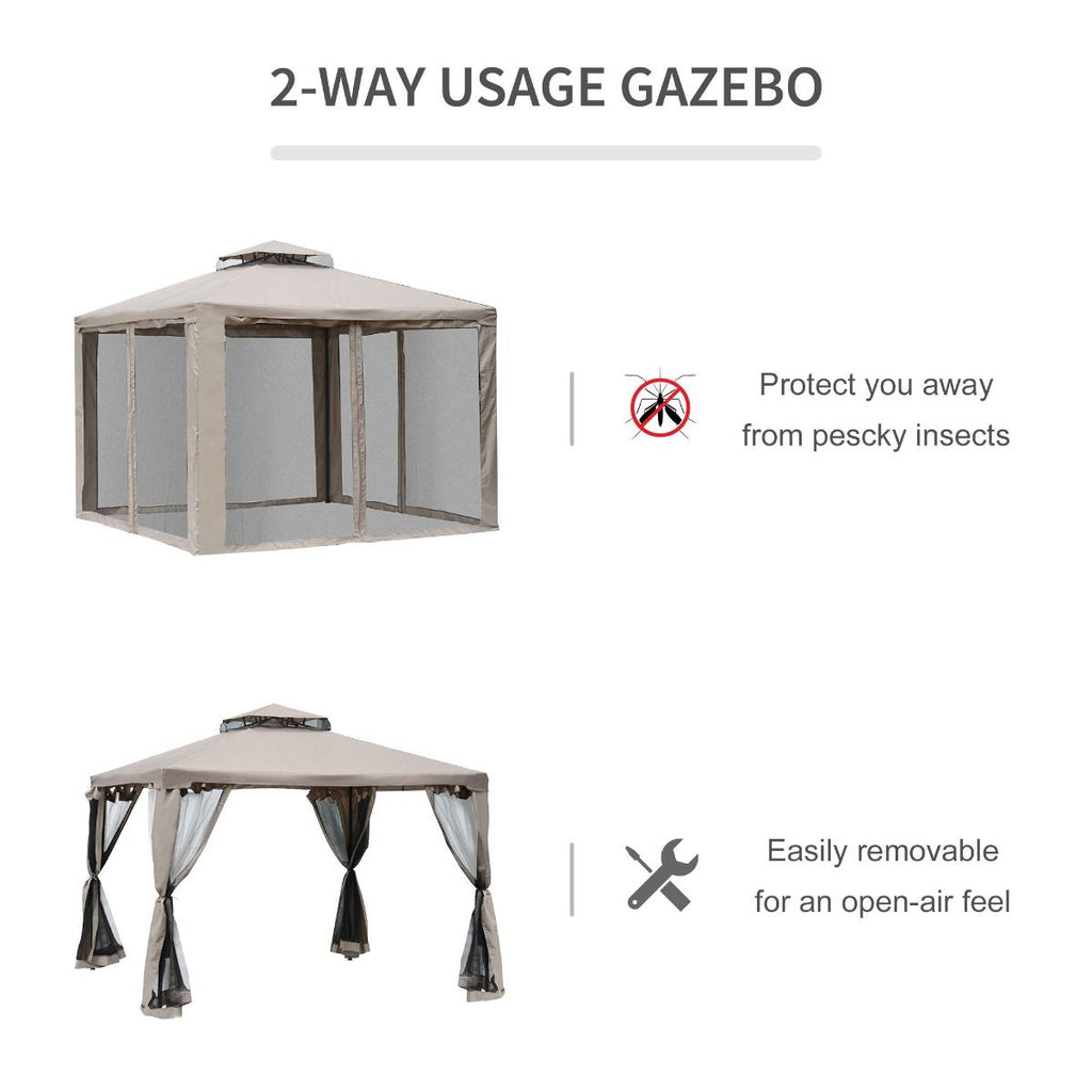 10' x 10' Gazebo Tent, Canopy with Mosquito Netting SideWalls, 2-Tier Vented Roof, Fabric for Garden, Lawn, Backyard, Taupe