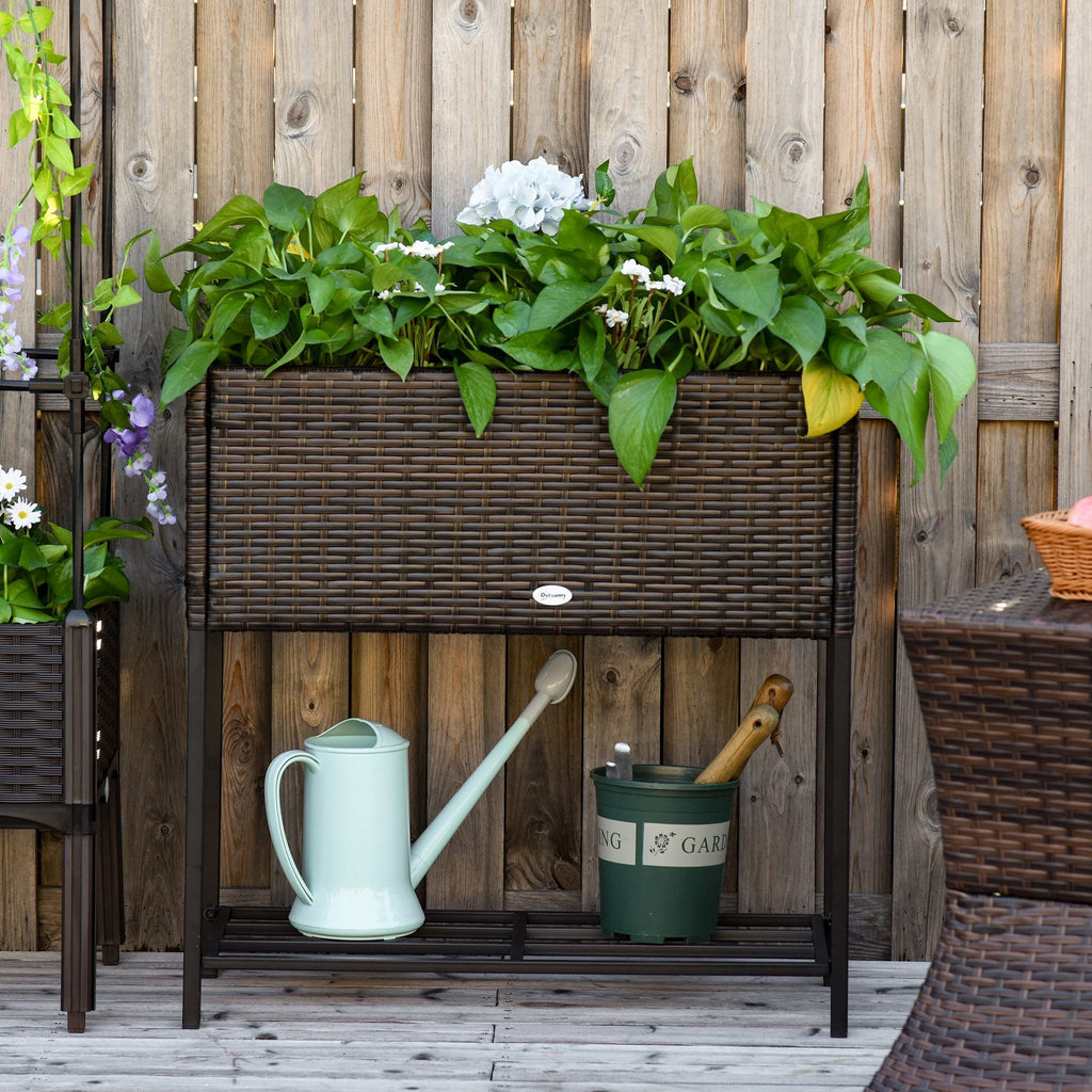 Elevated Rattan Planter Box with Tool Storage, Indoor/Outdoor, 28" High