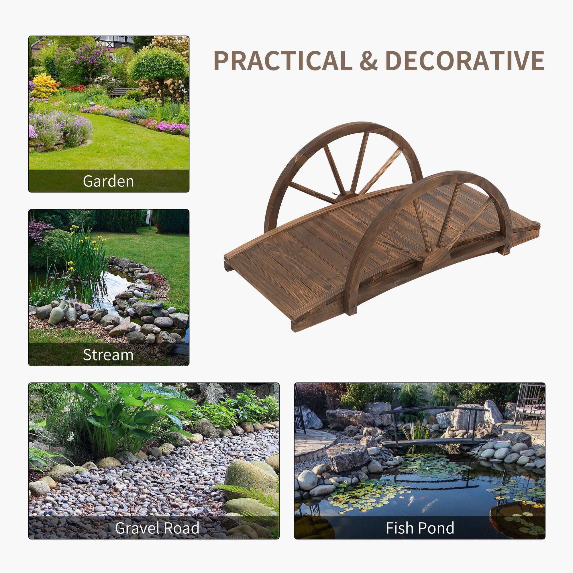 3.3ft Wooden Garden Bridge Arc Footbridge with Half-Wheel Style Railings & Solid Fir Construction, Stained Wood