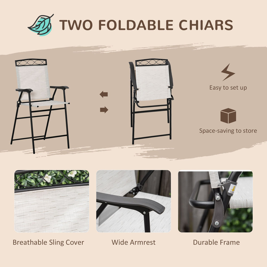 4 Piece Outdoor Bar Set with 2 Folding Chairs, Adjustable Umbrella and Wave Textured Tempered Glass Table, Cream White