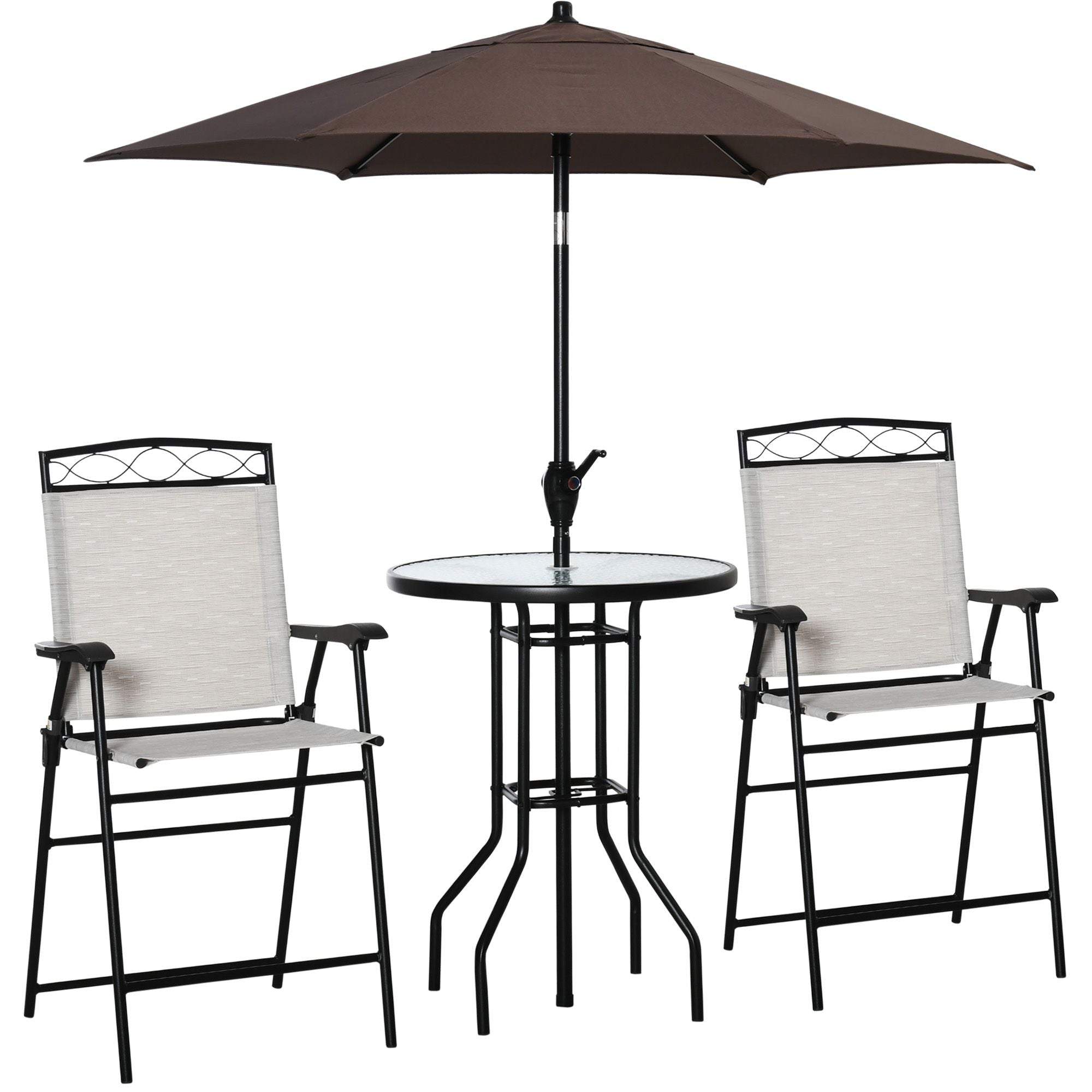 4 Piece Outdoor Bar Set with 2 Folding Chairs, Adjustable Umbrella and Wave Textured Tempered Glass Table, Cream White