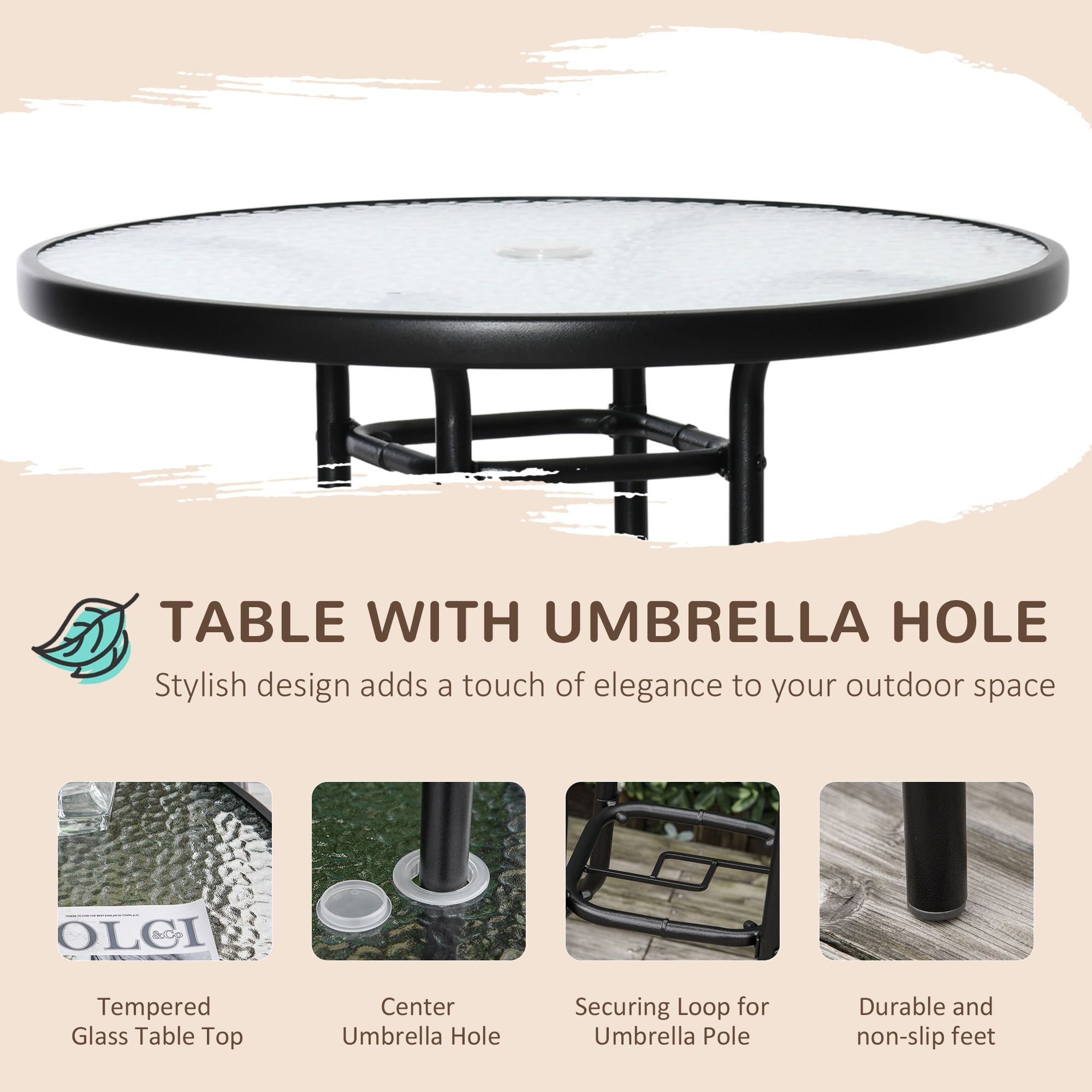 4 Piece Outdoor Bar Set with 2 Folding Chairs, Adjustable Umbrella and Wave Textured Tempered Glass Table, Cream White